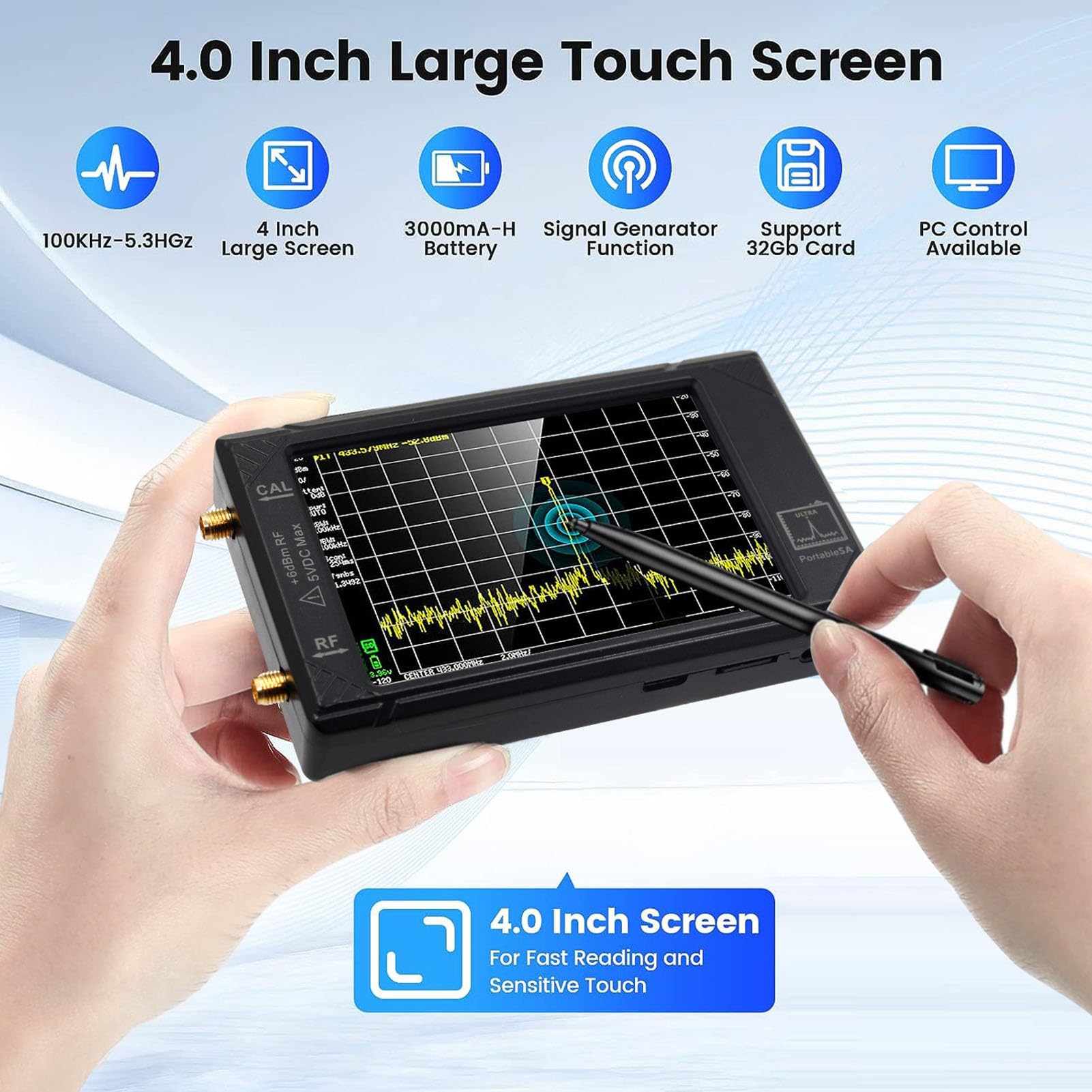 Bewinner Analizador de Espectro Handheld Tiny, 100kHz a 5.3GHz 2 en 1 Analizador de Frecuencia y Generador de Señal, Pantalla Táctil de 4 Pulgadas con Modo Ultra, Batería de 3000 MAh,
