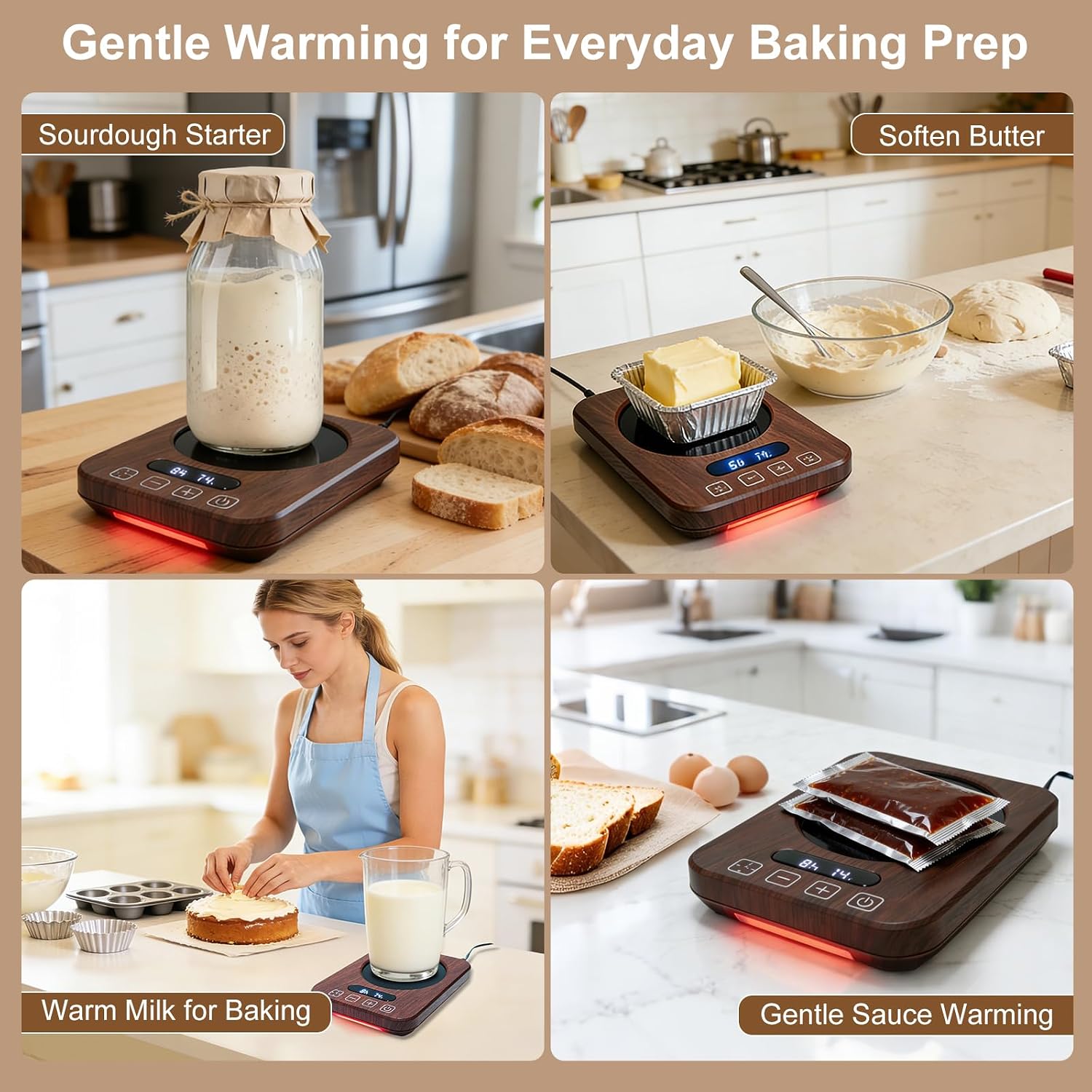 Sourdough Starter Warmer, 18W Low-Temp Warming Pad with 70–100°F 1°F Adjustable Temp Control, Starter Jar Warmer with 1–12H Timer & Auto Shut-Off