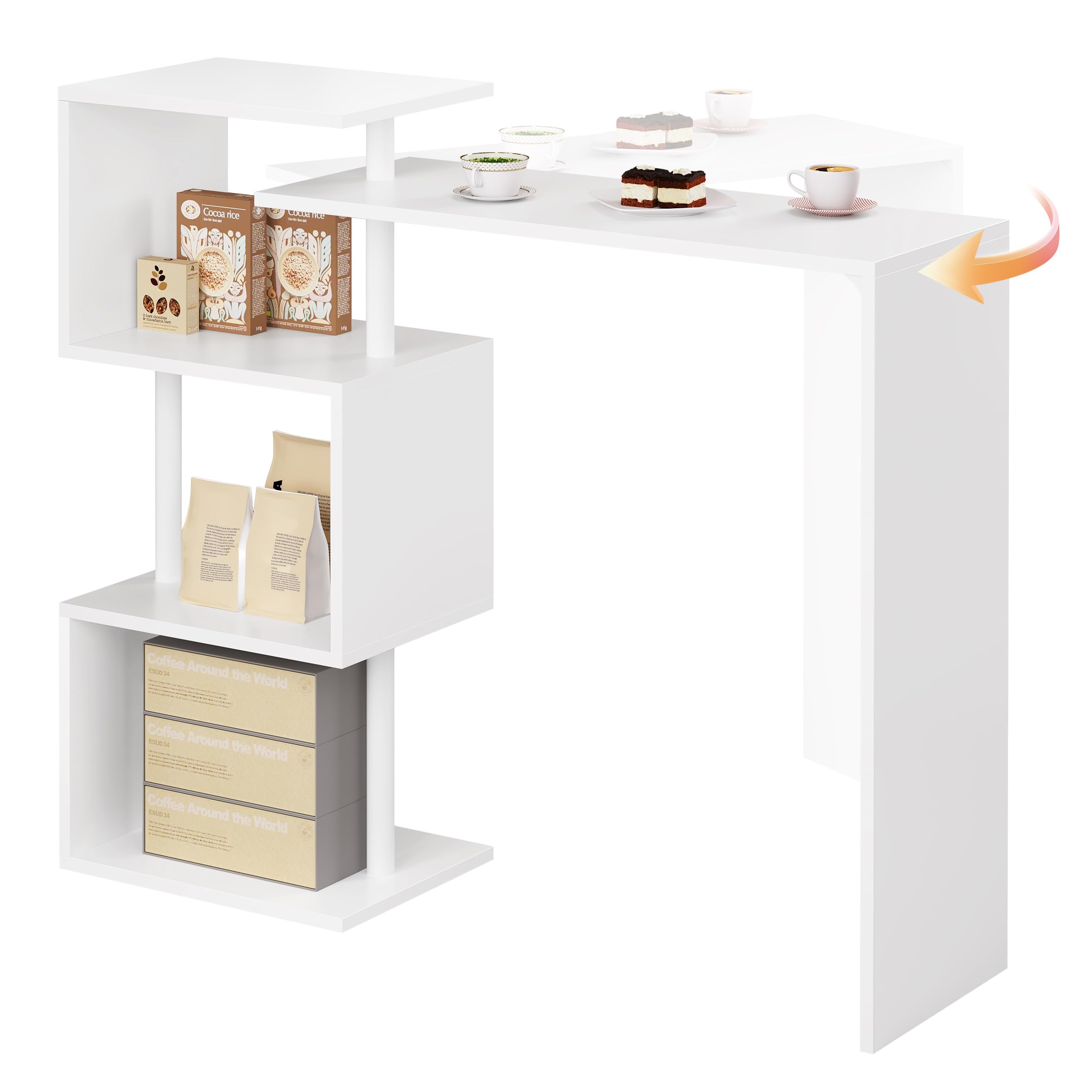 WOLTU Mesa de Bar Mesa de Bistro Mesa de Comedor con 3 Estantes, Giratoria Estructura de Metal, MDF, 134x38x112cm (WxDxH) Blanco