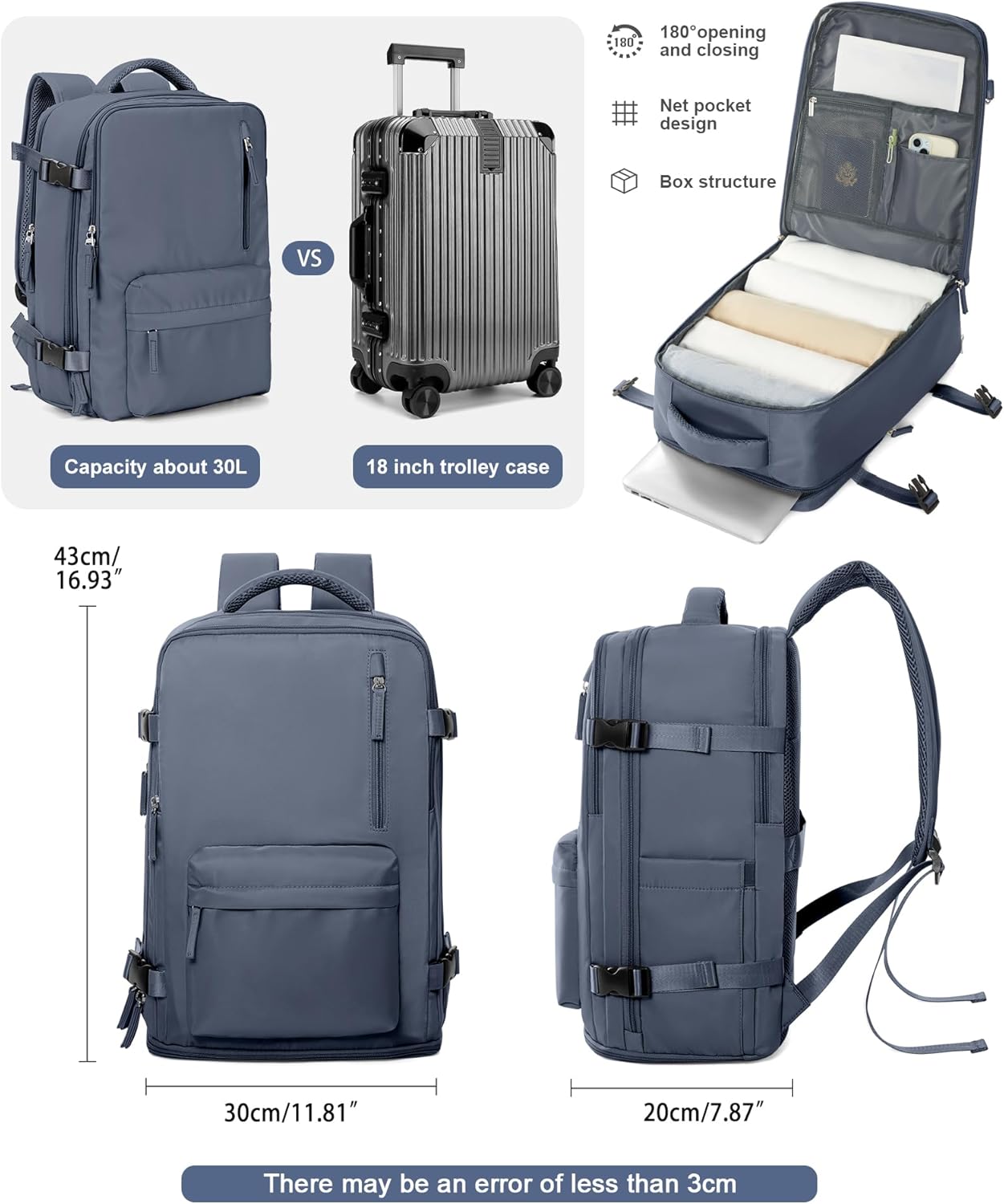 VGCUB Carry on Travel Backpack for Women Men Large Laptop Gym Work Frontier Airlines Personal Item Bag Business Airport Lightweight Backpack Flight Approved Mochilas de Viaje Grey Blue - Image 3