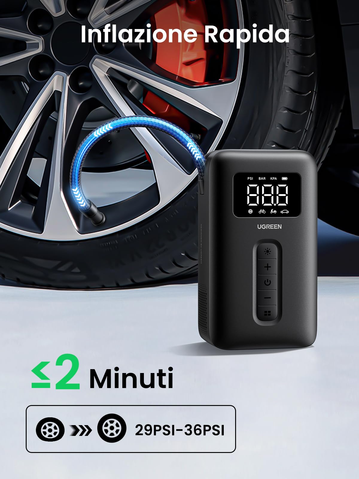 UGREEN Compressore Aria Portatile Batterie USB Ricaricabile Mini Compressore Portatile 150PSI/10 con Display Digitale a LED per Biciclette, Moto e Auto