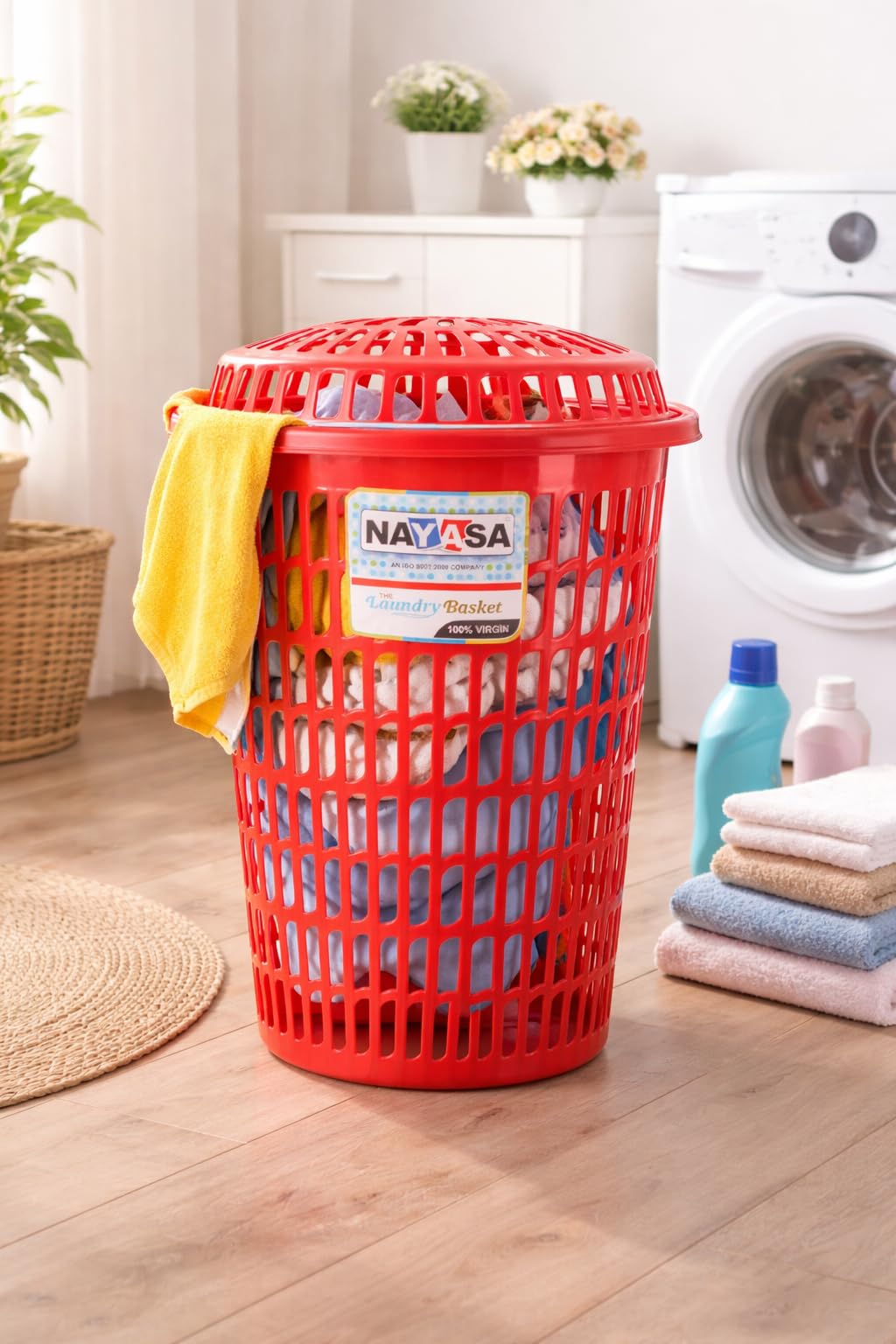 Nayasa Round 62 Ltr With Lid Plastic Laundry Basket | laundry basket | Clothes & Utility Use, Red-image-24
