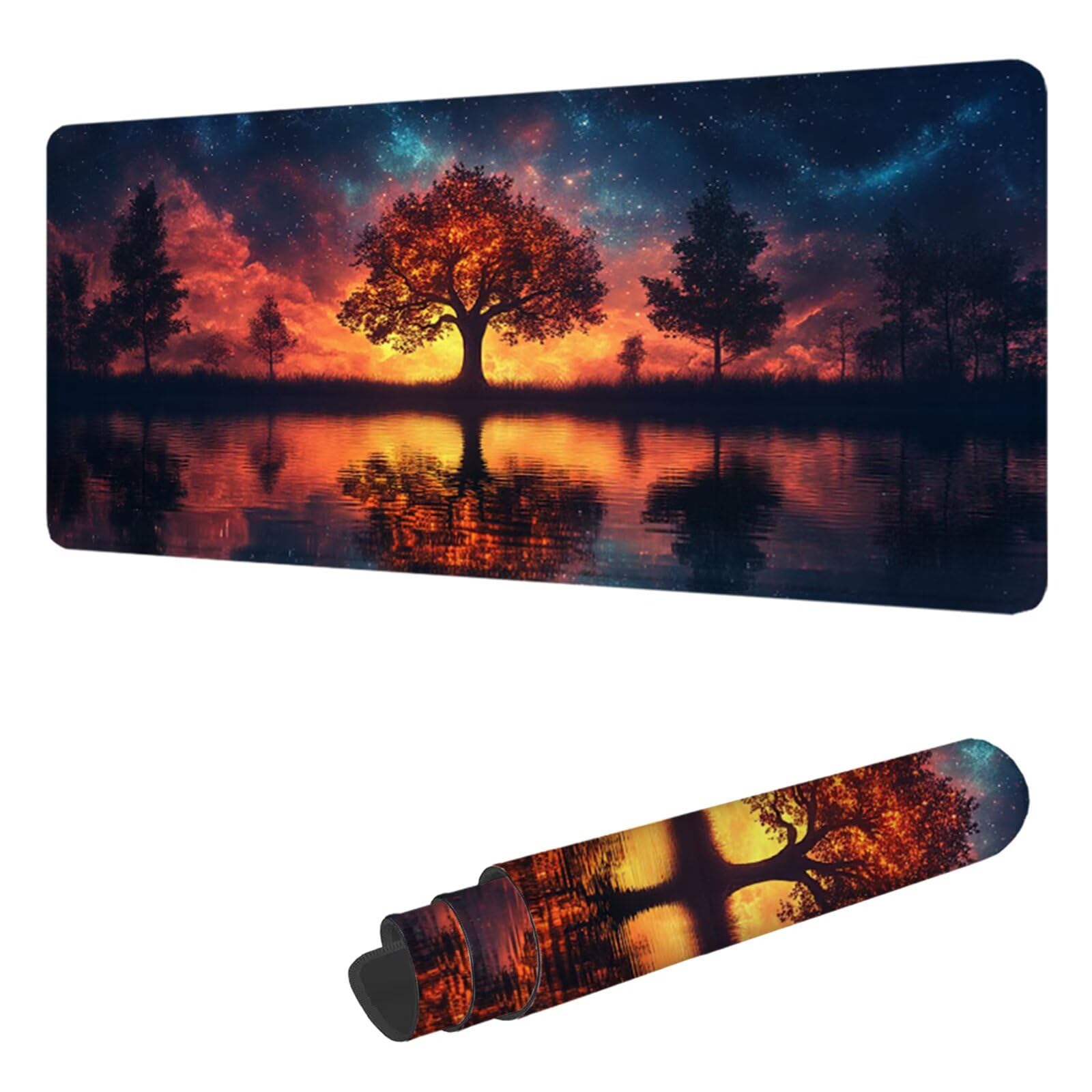 Podkładka pod mysz do gier Drzewo Podkładka pod mysz XXL 1400 x 600 mm, podkładka pod biurko podkładka pod mysz nad jeziorem z antypoślizgową gumową podstawą Wodoodporna szyta krawędzia, do pracy