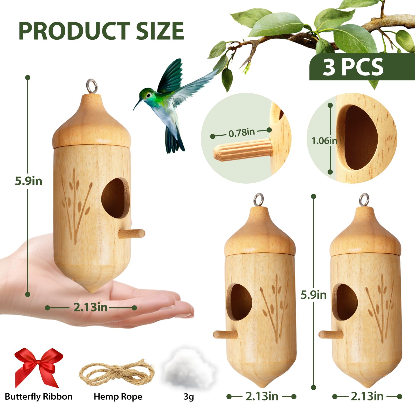 Domek dla kolibrów, drewniane domki dla kolibrów do zawieszenia na zewnątrz, huśtawka gniazda kolibra, drewniane domki dla ptaków z bawełną, kokardą, sznurkiem, koliber ogrodnictwo prezenty dekoracja