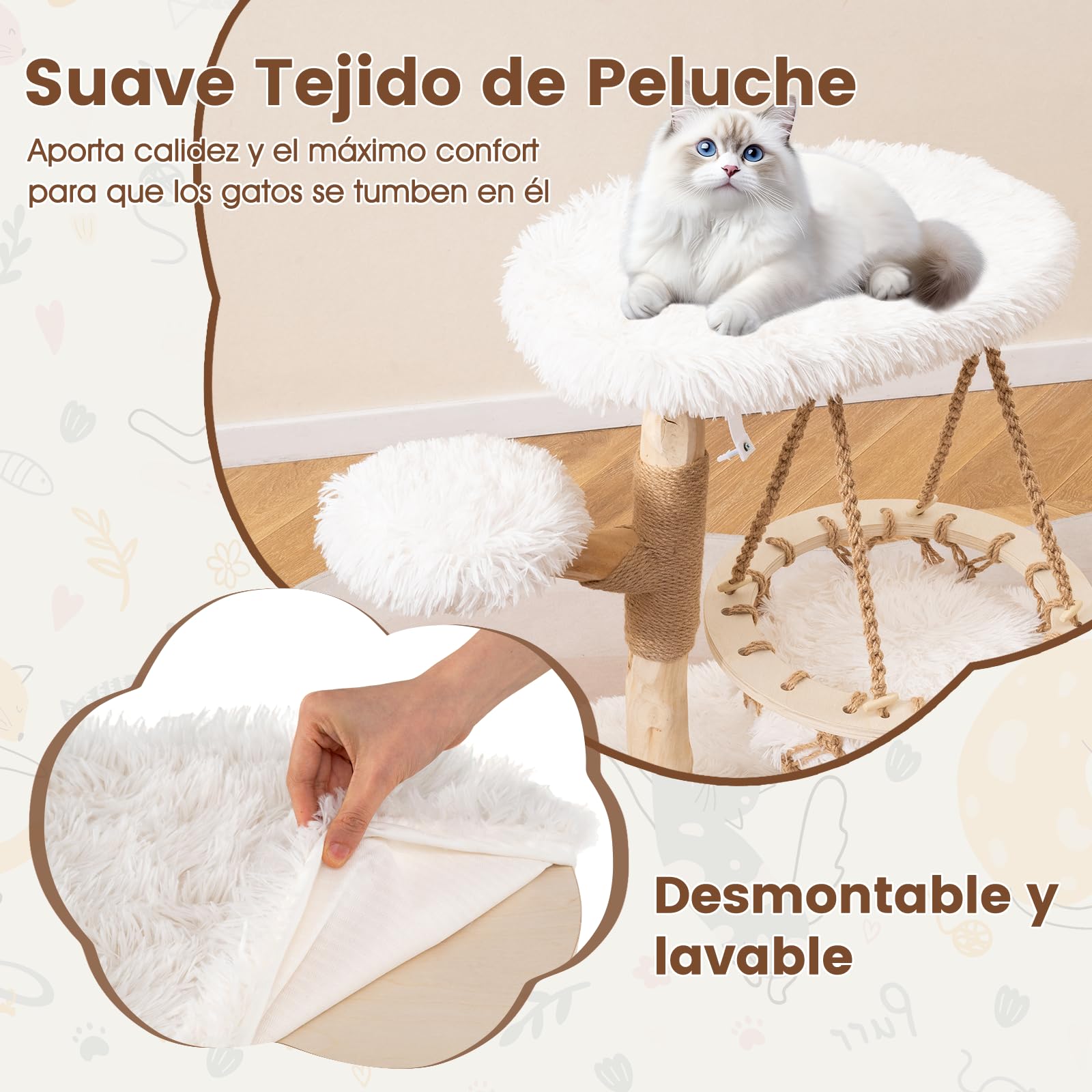 COSTWAY Árbol Rascador para Gatos Moderno, Marco de Madera Peral, 66 cm Torre para Gatitos con Cuna Colgante, Arbol Gatos con Plataforma Acolchada, Cojín de Peluche Suave, Poste de Yute, Blanco