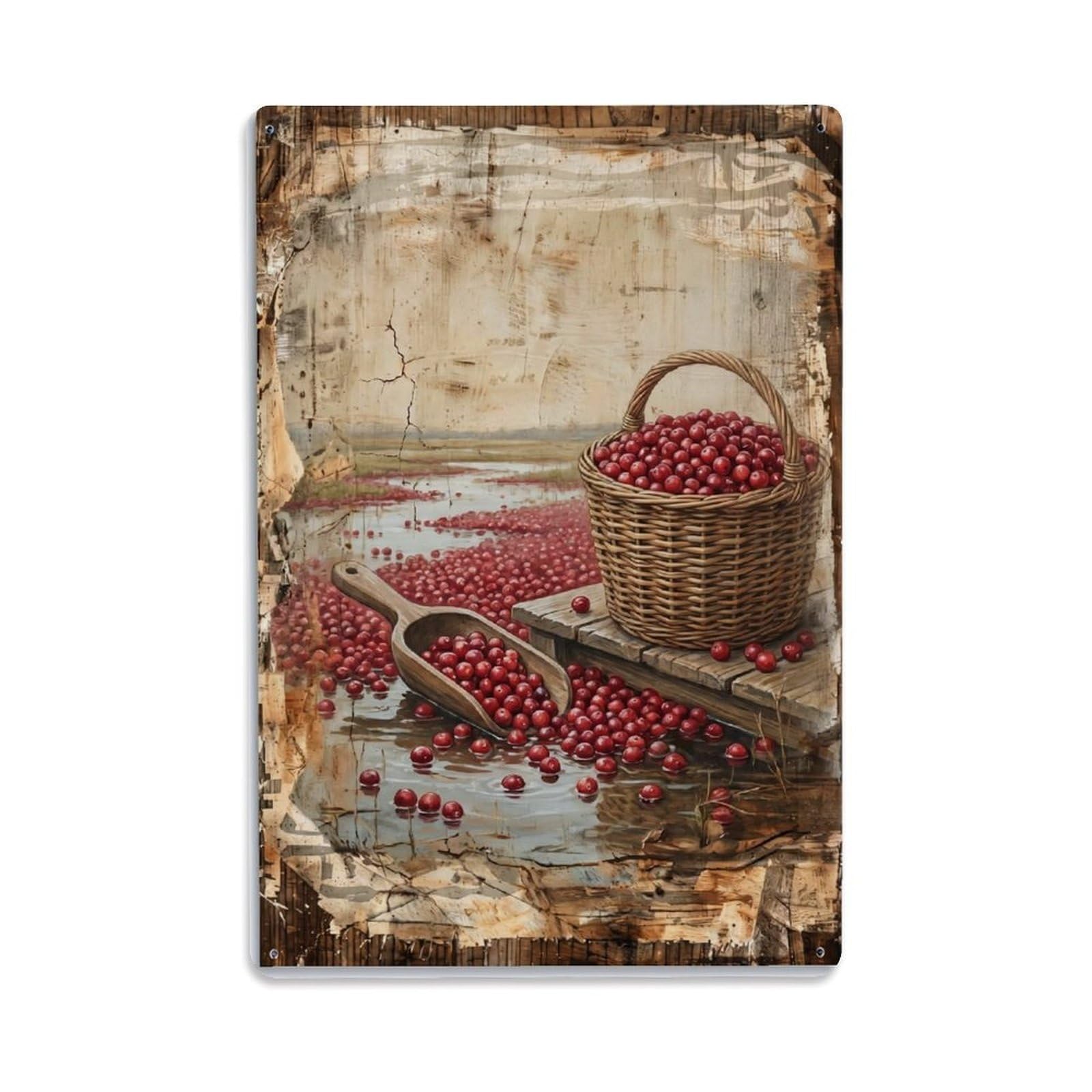 Cranberry Bog Harvest Red Berry Countryside Field Vintage Metal Tin Sign Plaque Wall Decor for Cafe, Club, Garden Metal Poster 8x12Inch