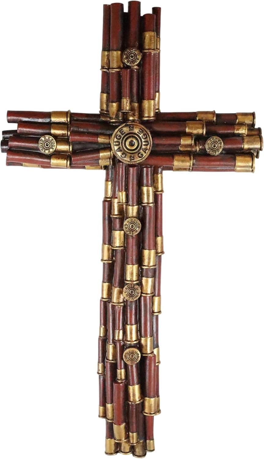 Ebros Gift 19" Tall Rustic Western Vintage Hunter Cowboy Red And Gold 12 Gauge Shotgun Bullet Shell Casings Decorative Wall Cross Wild West Inspirational Decor Plaque