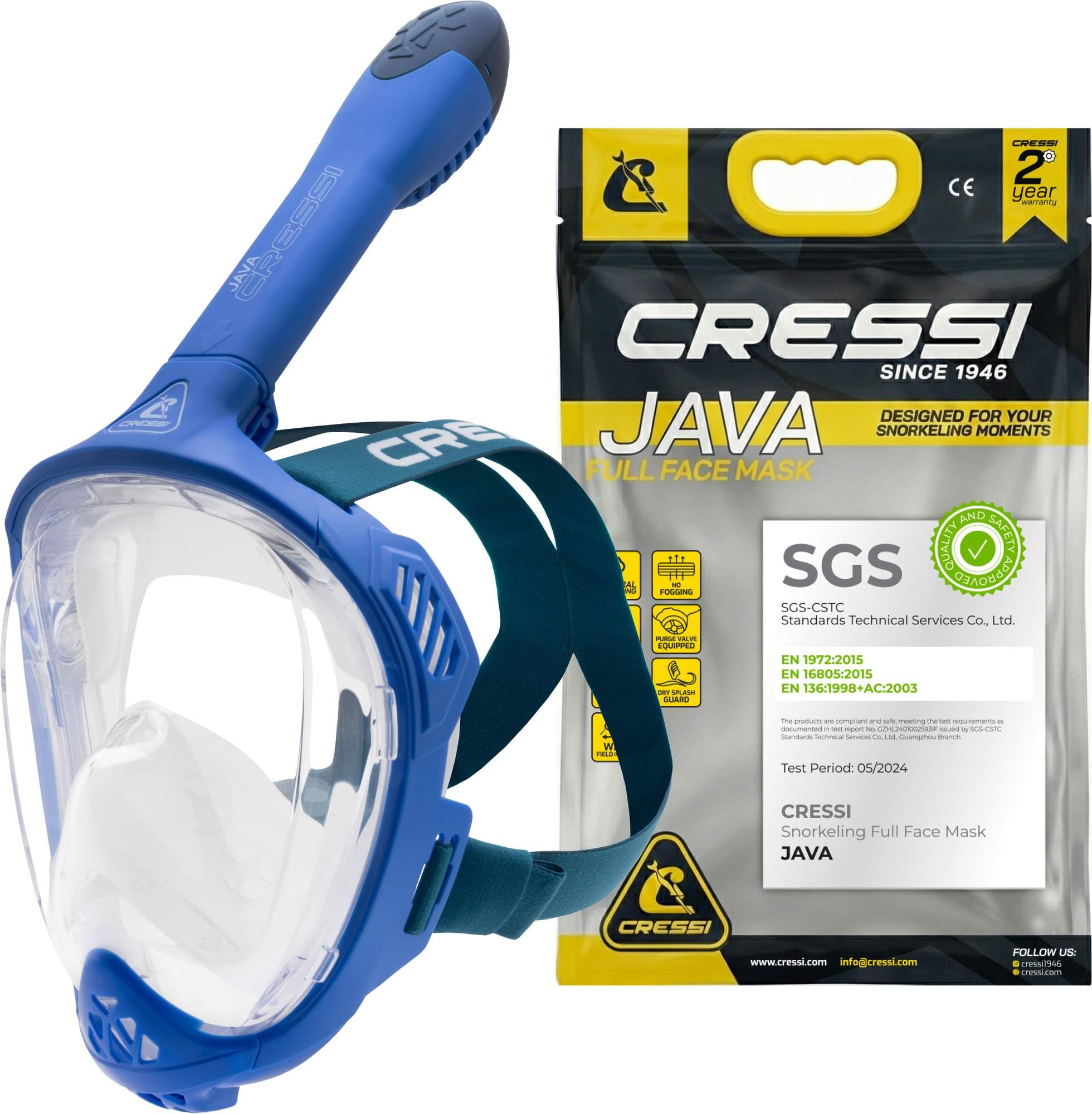 CRESSI Java Full Face Mask Blue/Blue Navy L/XL-Full Face Compact Fit Snorkel Mask, Ultra Clear Anti Fog Lens, 100% Silicone, Snorkel Dry with Safety Valves, Blue/Navy Blue, L/XL