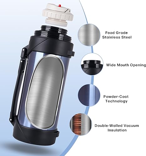Miniatura 2 de HoneyBee Botella de agua aislada de 41 onzas para bebidas calientes y frías, aislamiento al vacío de acero inoxidable 188 sin BPA, mantiene el