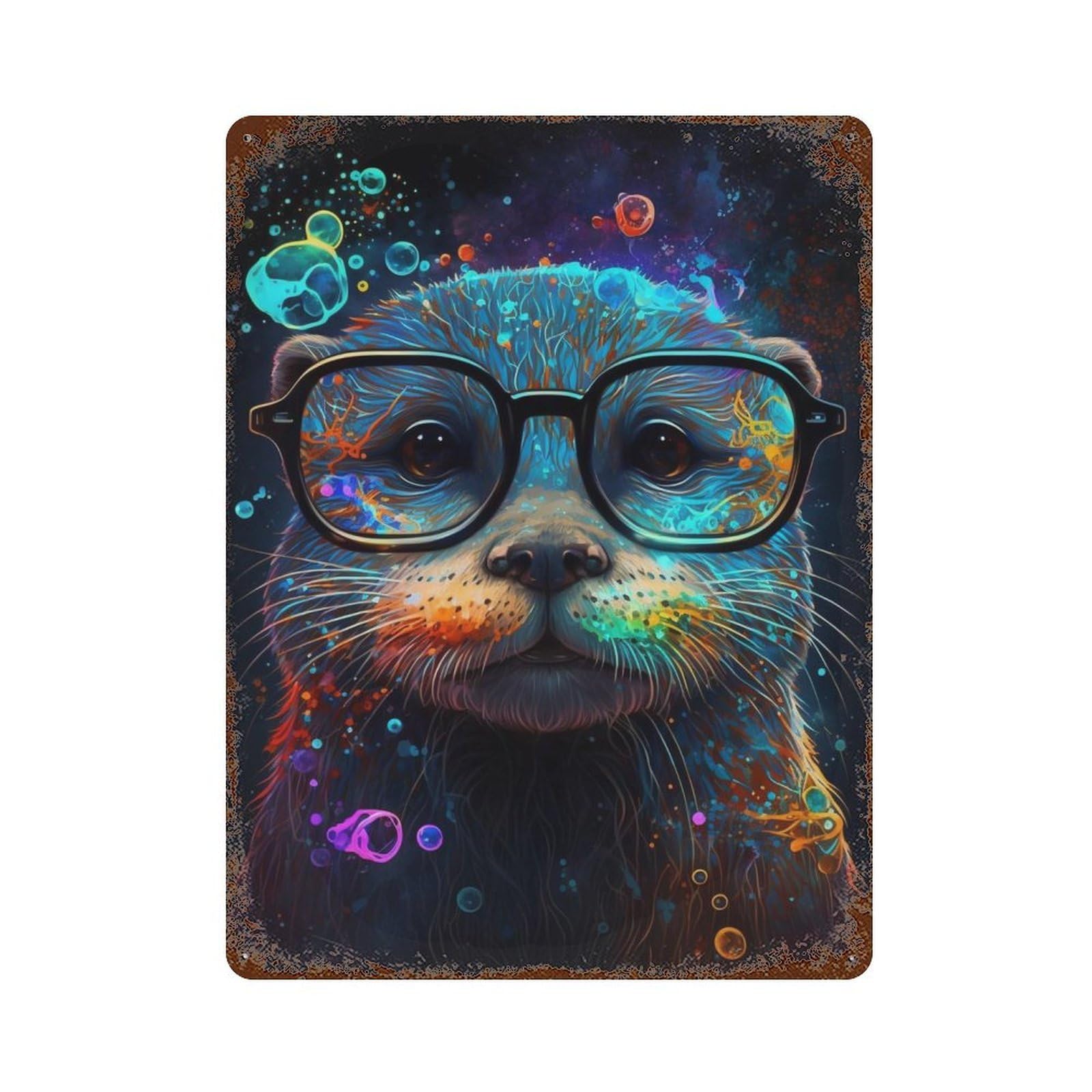 Rust Effect Colorful Otter Glasses Art Rustic Tin Plaque 15.7"x11.8", Decorative Metal Wall Art for Farmhouse, Kitchen And Entryway Decor