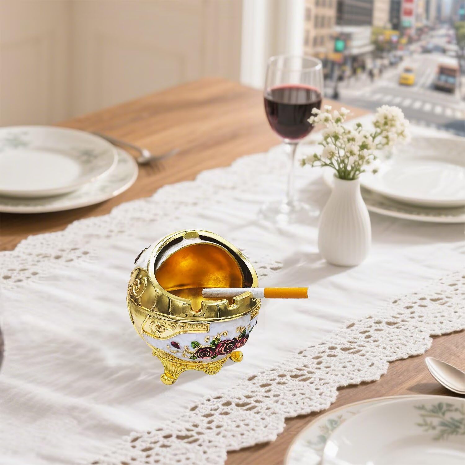 Hourwof Vintage Windproof Ashtray with Lid for Cigarettes,Decorative Ashtray for Outdoor Indoor Patio Balcony Home Office Decor,Golden Purple Rose