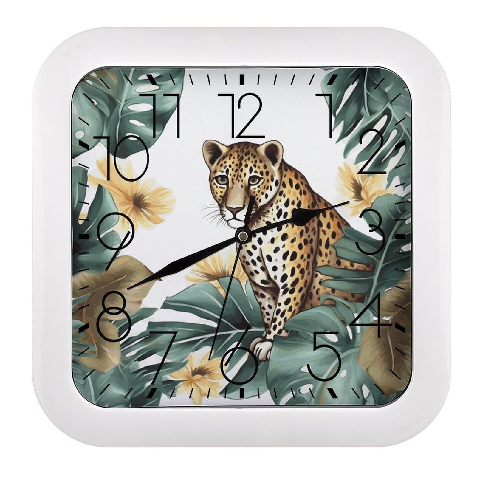 JTREHY Leopard and Palm Leaves Wall Clock The Sound is Soft Square Timepiece Fashion Precise Easy to Read Numbers | Perfect Living Room Kitchen Or Office Clocks