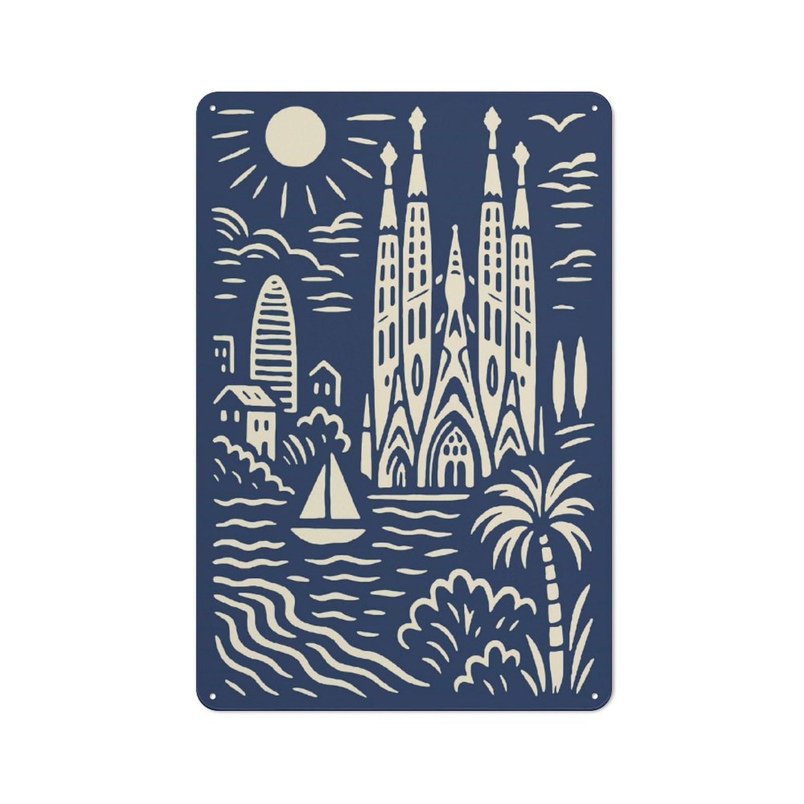 Junmoney Style-8 Metal Plaque 30X20cm With Barcelona Skyline With Sagrada Familia For Pub Or Café, Vintage Decor, For Metal Sign Collectors, For Vintage Wall Decor Fans