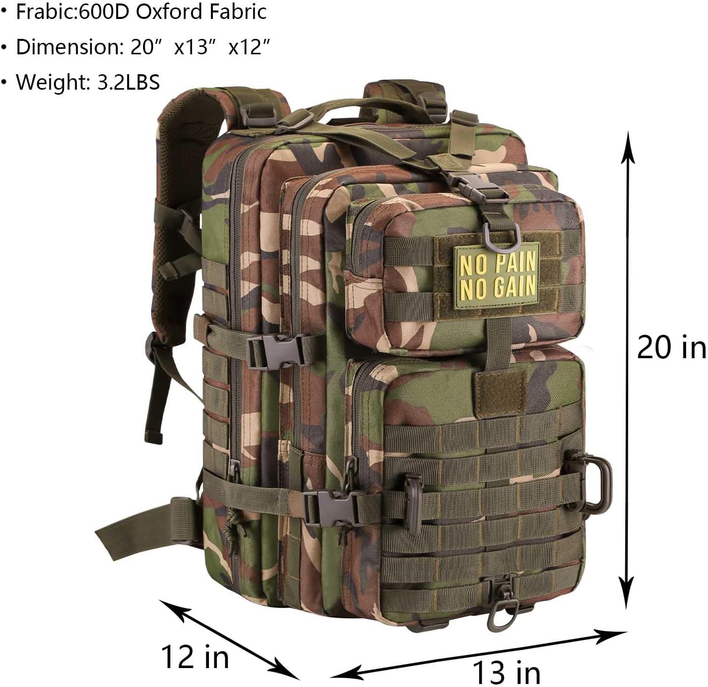 MOLLE Assault Backpack, Tactical Backpack Military Army Camping Rucksack, 3-Day Pack Trip w/Patch, D-Rings, Woodland - Image 2