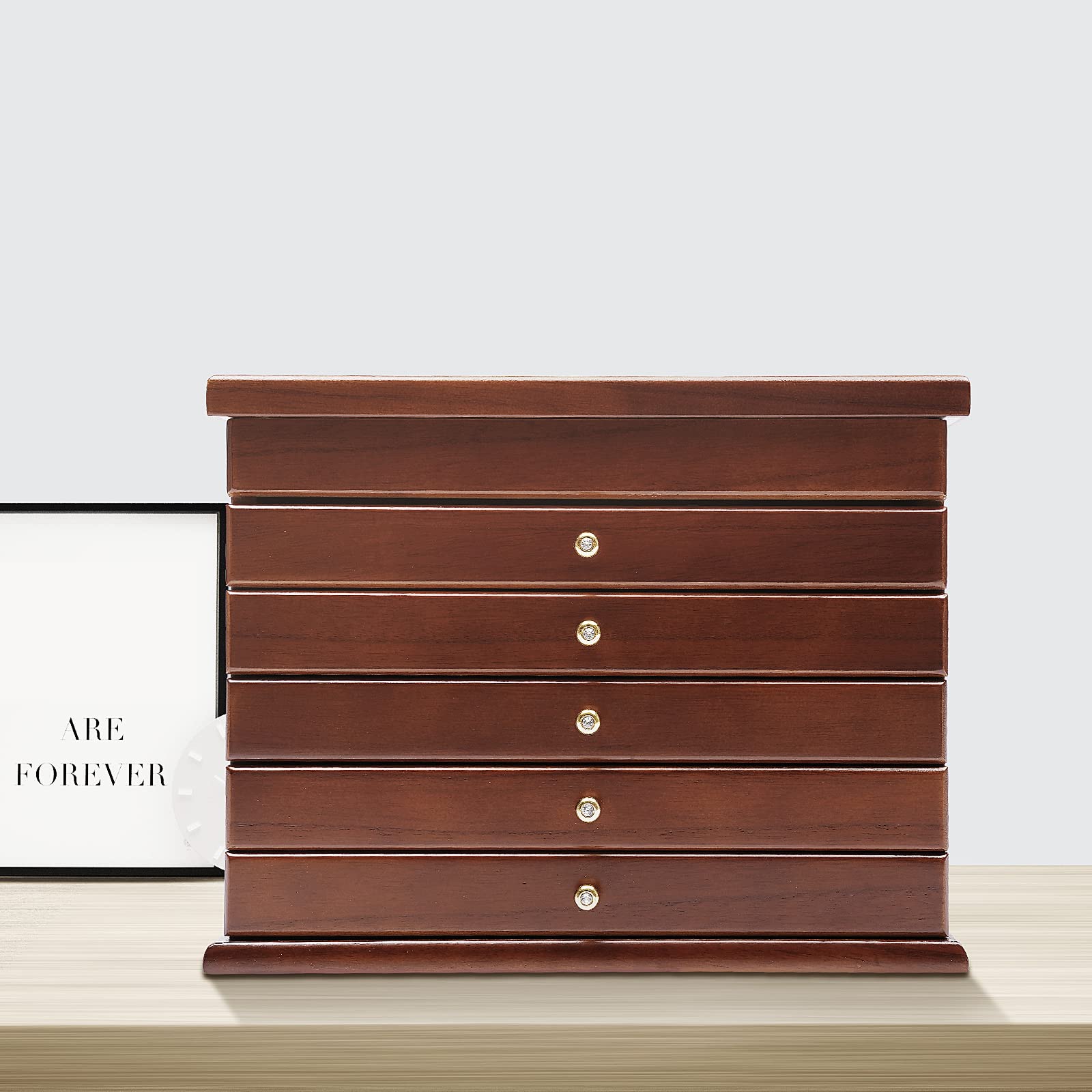 6 Layers Jewelry Box Wooden Jewelry Box organizer / pudełko na kolekcję dla kobiet, szkatułka na biżuterię, gumowa wyściółka i wyściółka ochronna, na kolczyki, bransoletki, naszyjniki