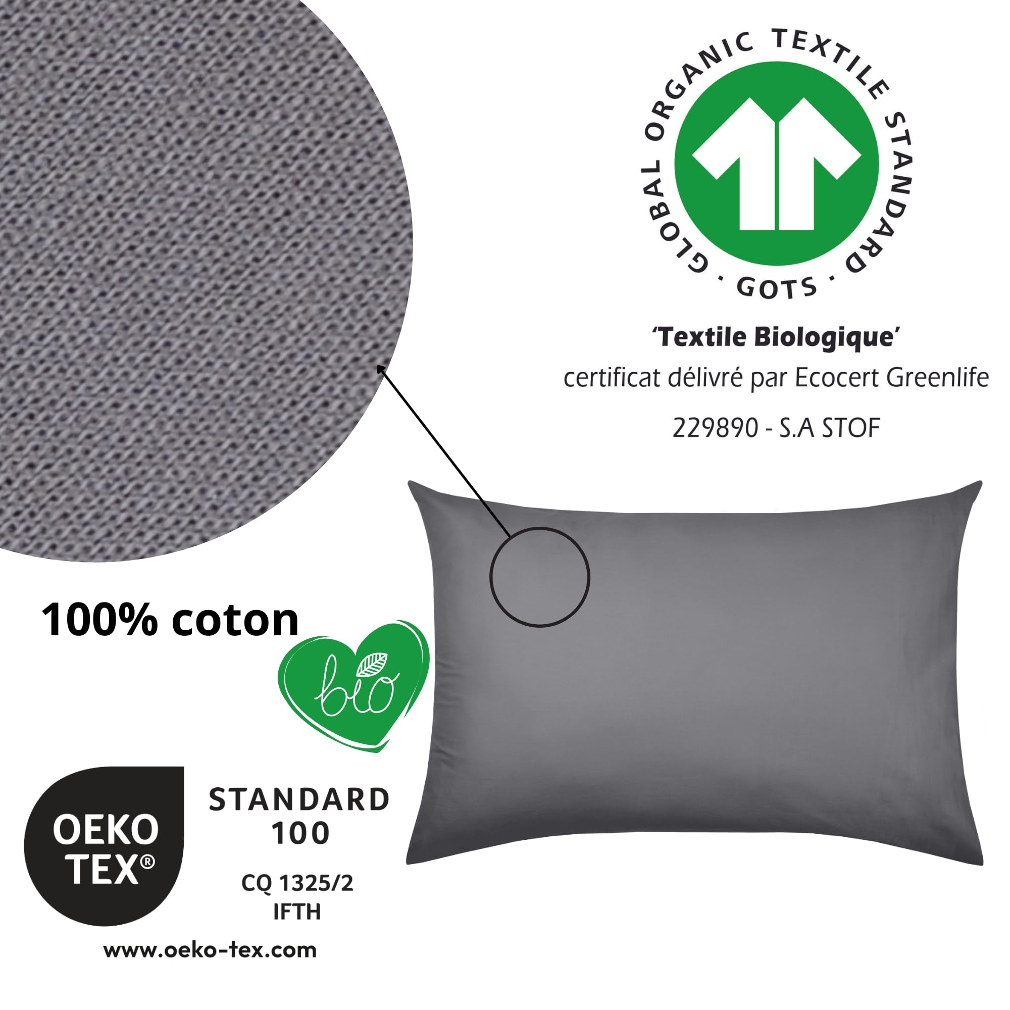 STOF, Pillowcase, Size 50 x 70 cm, 100% Organic Cotton, Quality, Oeko-Tex Certified, Slate Colour, Horizon Model - Image 2