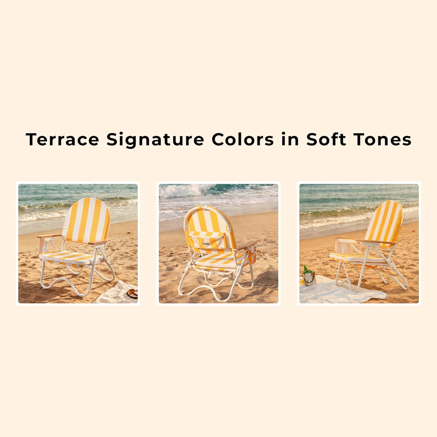 Padded Low Beach Chair, 4-Position Folding Outdoor Chair with Wooden Armrests, Cushioned Seat, Storage Pouch & Carry Strap for Beach, Patio and Lawn, Cala Serena Ochre Stripe