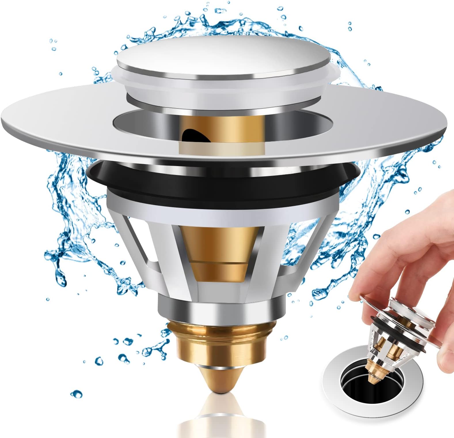 Sink Plug Stopper, Universal Bathroom Pop Up Sink Plug Replacement, for 34-38 mm Basin Pop Up Sink Drain Strainer, Anti Clogging Sink Drain Filter with Hair Catcher