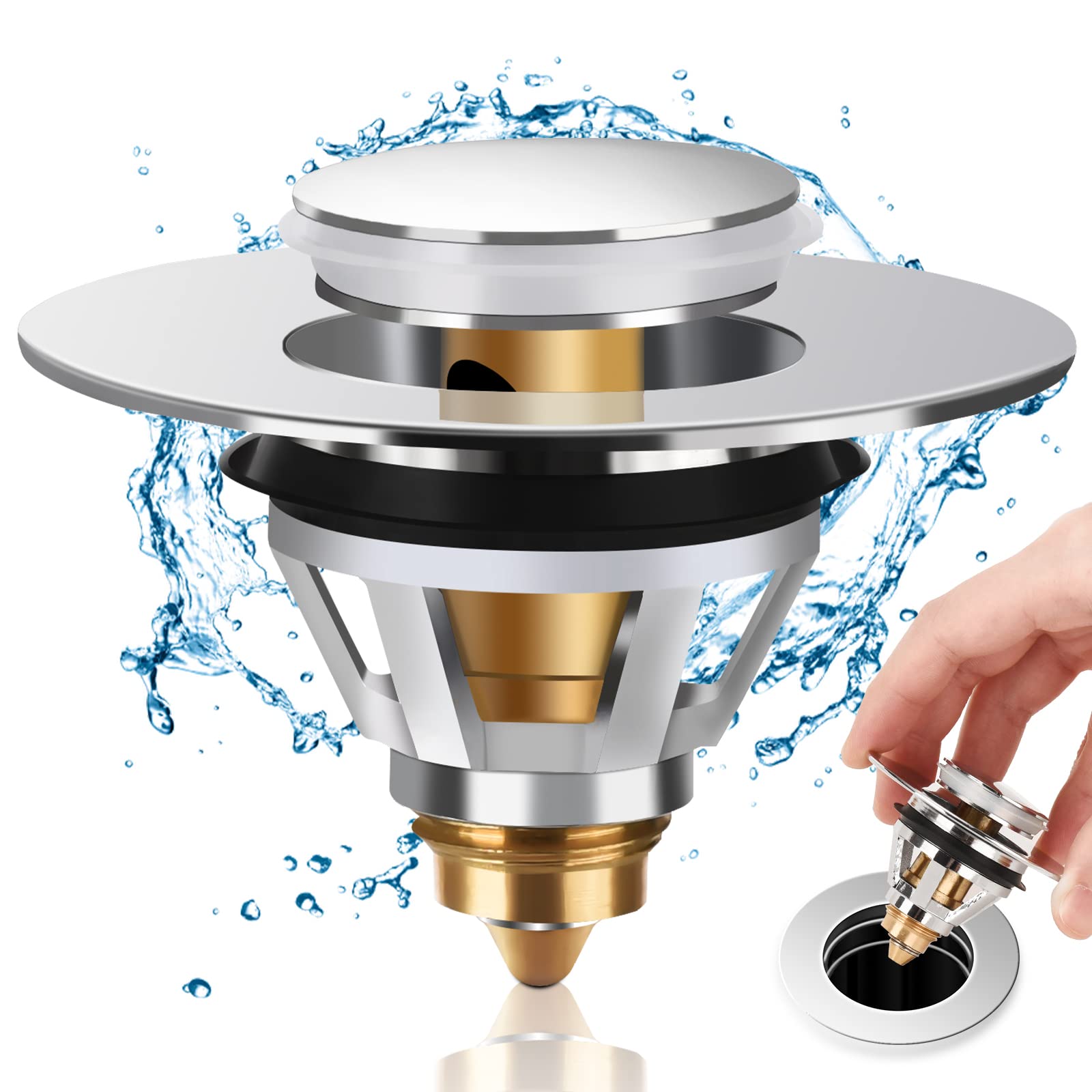 Sink Plug Stopper, Universal Bathroom Pop Up Sink Plug Replacement, for 34-38 mm Basin Pop Up Sink Drain Strainer, Anti Clogging Sink Drain Filter with Hair Catcher