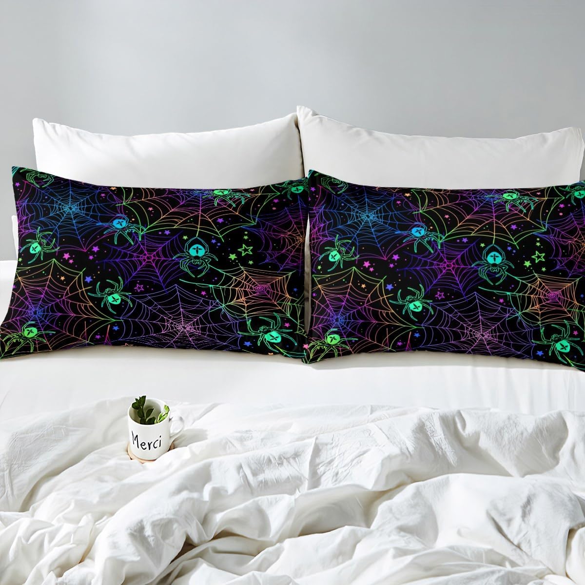 Halloween Spiders Fitted Sheet Full Rainbow Gothic Halloween Bed Sheets,Watercolor Glitter Stars Spider Web Bedding Set Psychedelic Cobwebs Halloween Decorations,Kawaii Room Decor Aesthetic