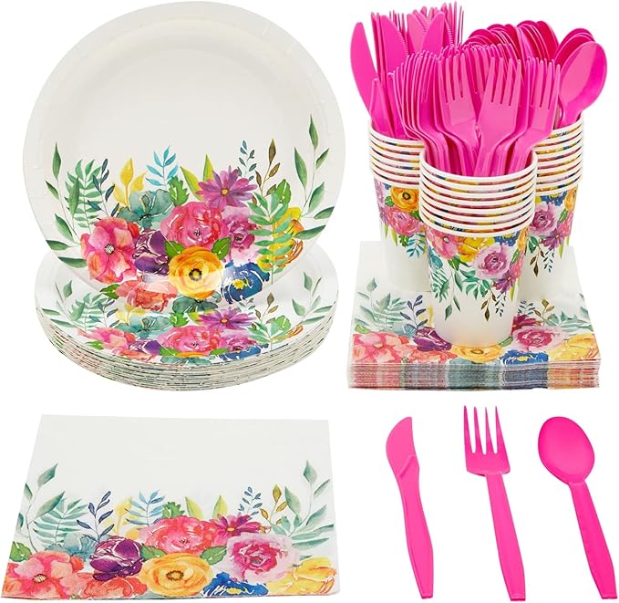 144 Pc Disposable Floral Paper Plates, Napkins, Cups