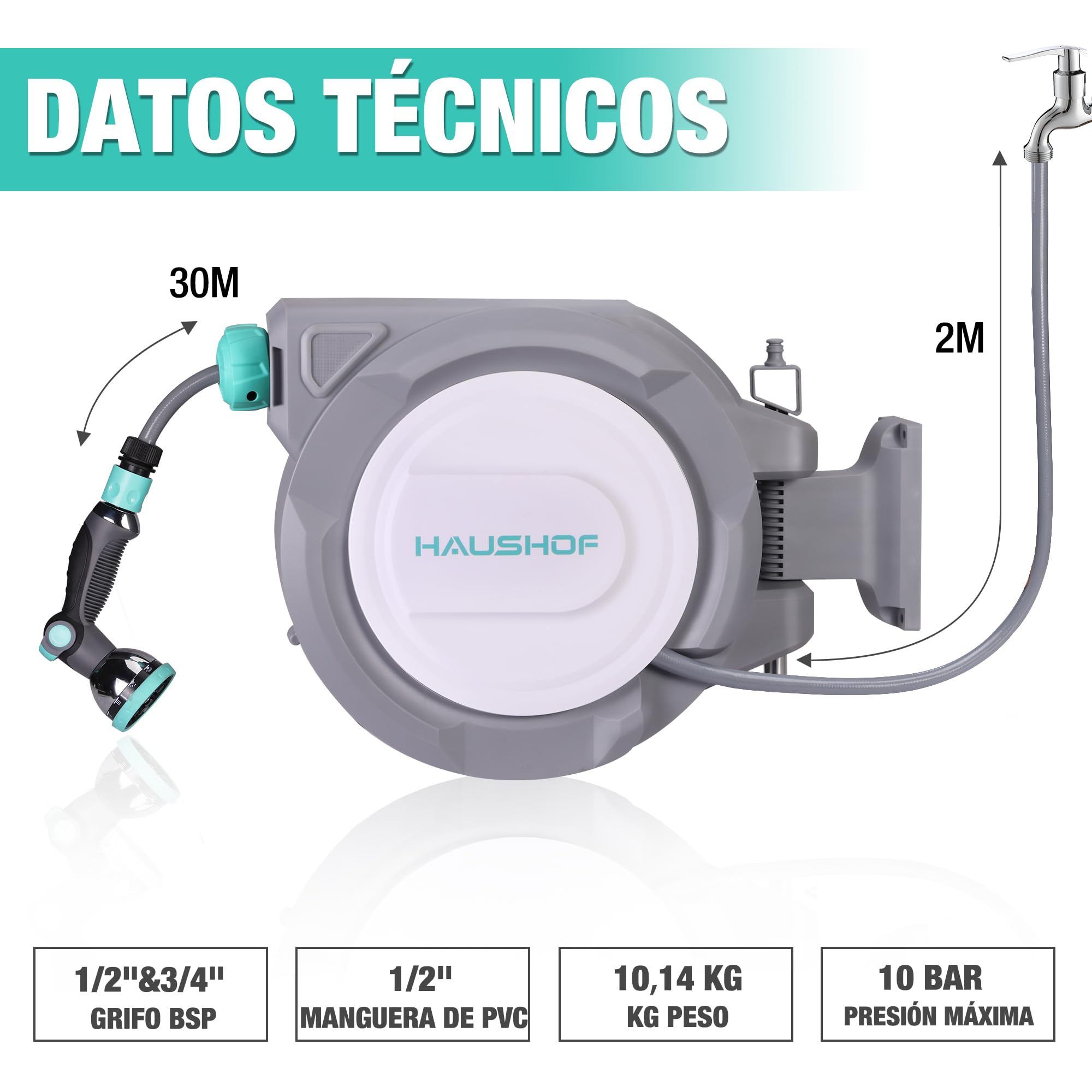 HAUSHOF Carrete Manguera 30m, Soporte Pared Giratorio 180° | Enrollador Automático con 10 Modos de Riego para Jardín y Lavado de Coches con Uso Cómodo y Flexible