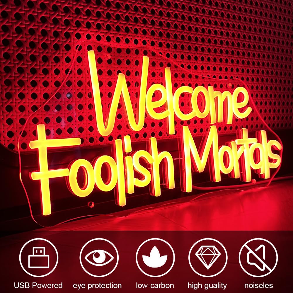 Welcome Foolish Mortals Neon Sign USB Powered Led Halloween Neon Sign with Battery Case for Halloween Party Haunted Mansion Decor Halloween Decor Spooky Gothic Haunted House Decor