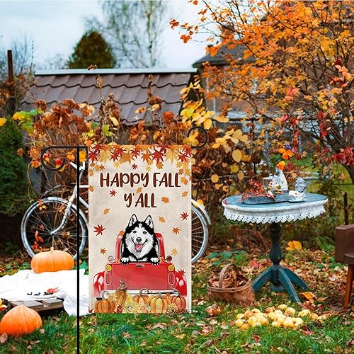 Miniatura 3 de Bandera con texto en inglés Happy Fall Y'all con diseño de perro inteligente con calabaza en camión rojo y hojas de arce, pancarta de otoño para