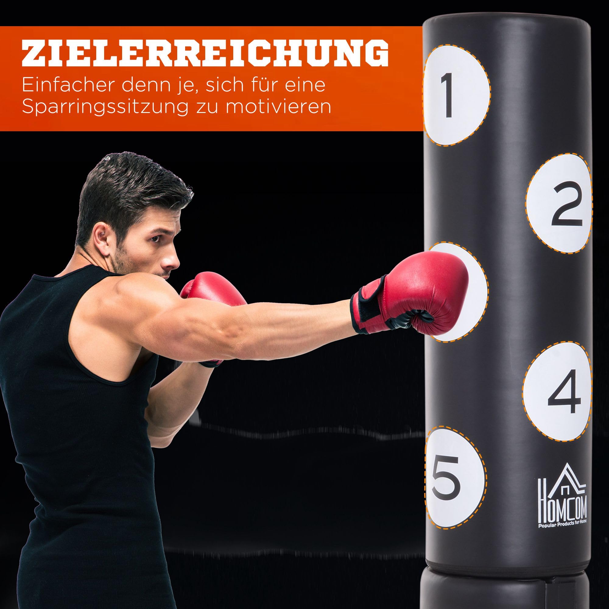 HOMCOM staande bokszak bokspop boks-dummy dummy training bokspartner bokszak boksen zwart 70 B x 70 D x 176 H cm