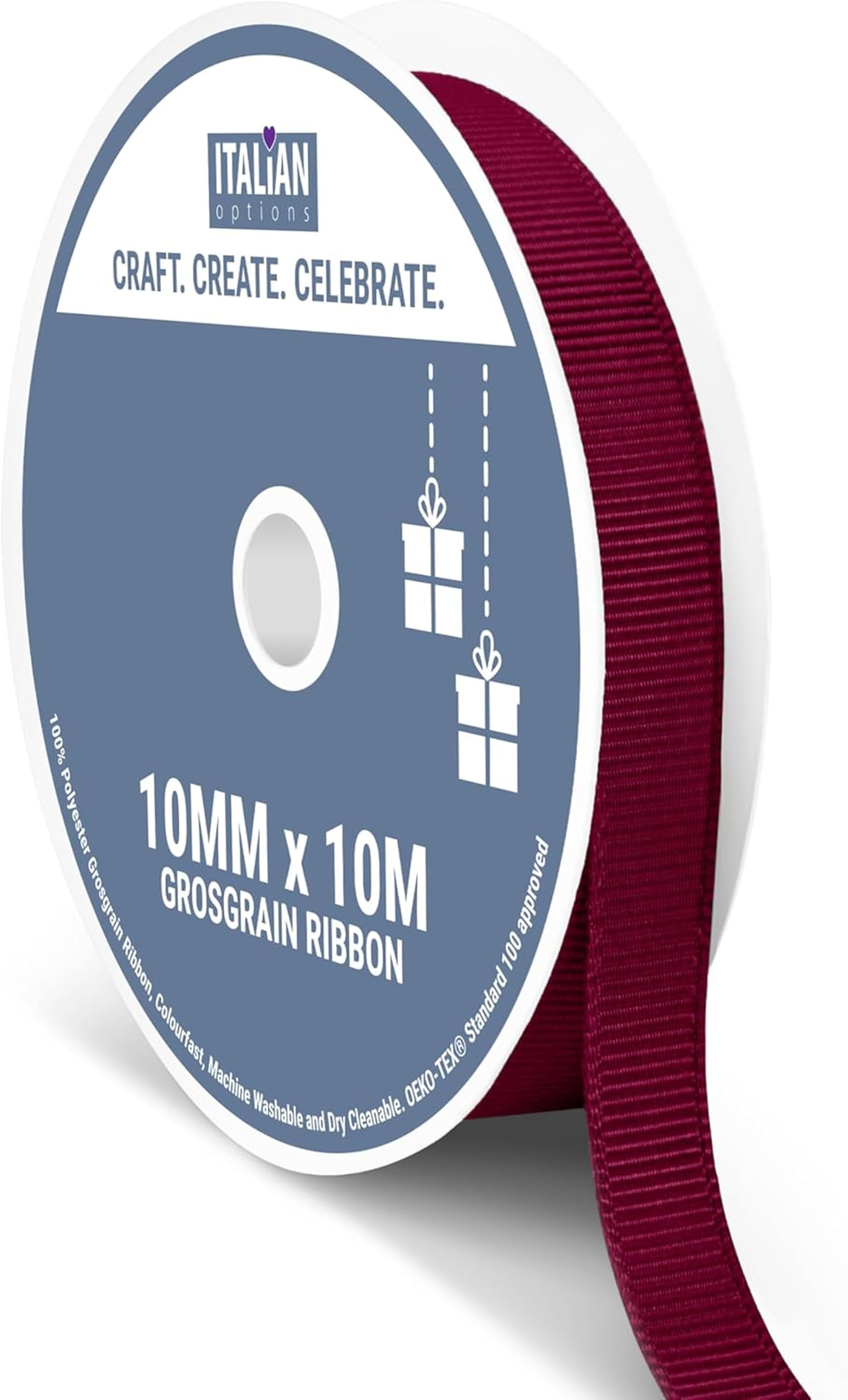 Italian Options Grosgrain Ribbon 10mm, Strong Plain Burgundy Ribbon for Bows, Wedding, Crafting, Sewing, Hair Accessories, Gift Wrap, 10 mm x 10 Metre Roll, Burgundy