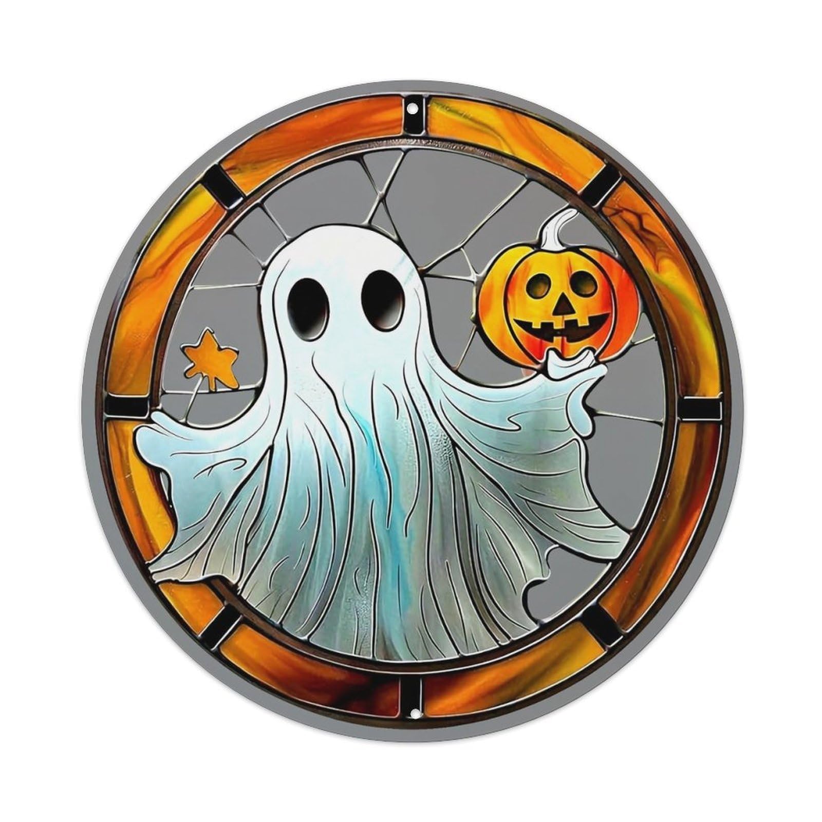 Ghost Holding Pumpkin Stained Glass Vintage Metal Tin Sign Retro Wall Decor for Home Bar Garage Cafe, Indoor & Outdoor Decorative，circle Metal Poster, 8x8 Inch