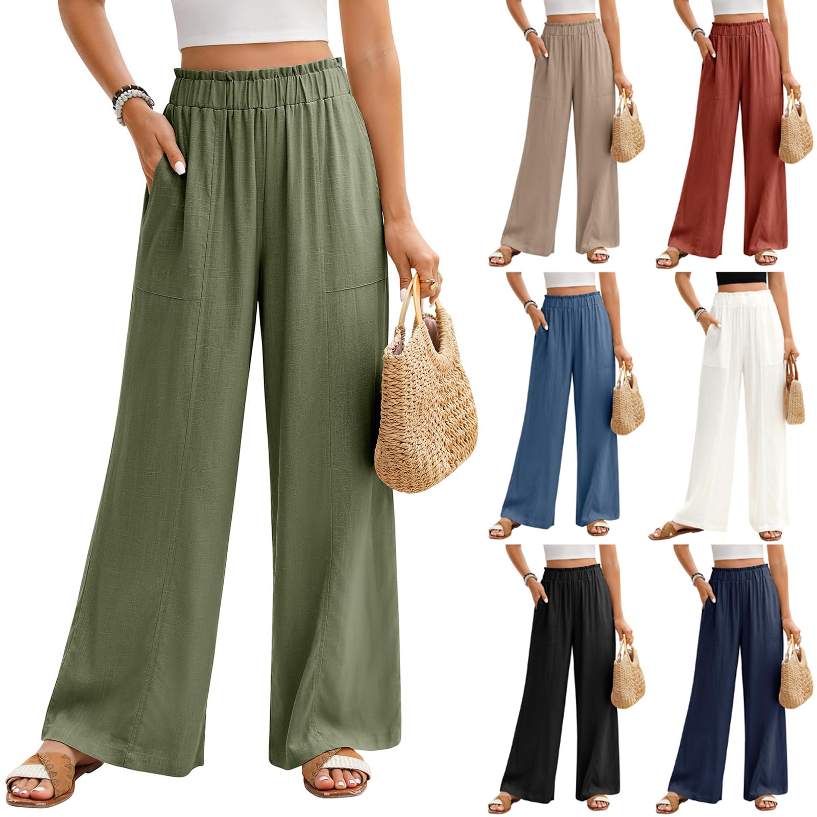 Women Linen Pants Summer Wide Leg Pants Boho Elastic Waist Wide Leg Pant Travel Flowy Beach Pant with