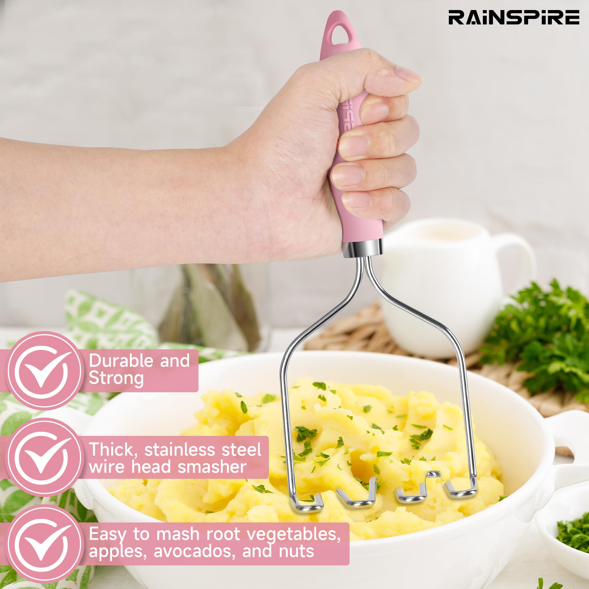 Rainspire Potato Masher - Pink Stainless Steel -2