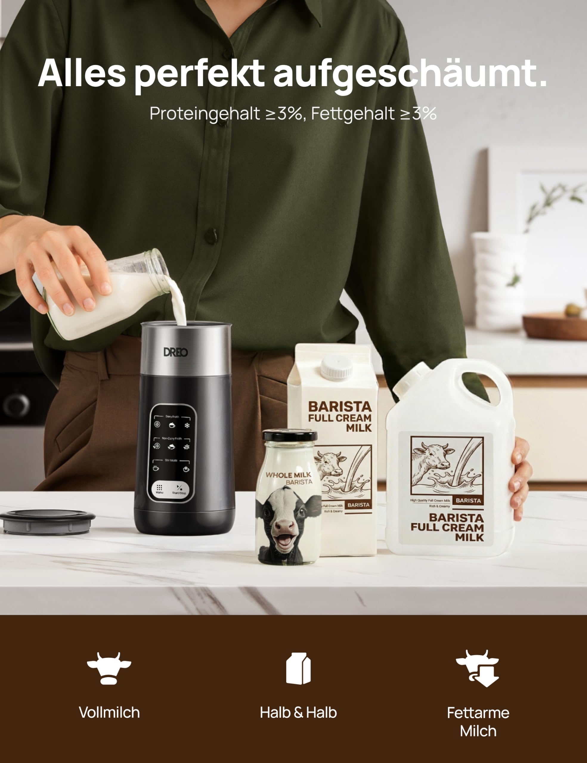 DREO Milchaufschäumer, 8-in-1 Elektrischer Milchschäumer für Latte, Cappuccino, Heiße Schokolade, 270ml Automatischer Aufschäumer aus Edelstahl für warmen und kalten Schaum, LED, leicht zu reinigen