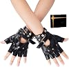 FAYBOX Black Leather Fingerless Gloves for Women Teens, Halloween Costume Accessories Belt Up Half Finger Gloves