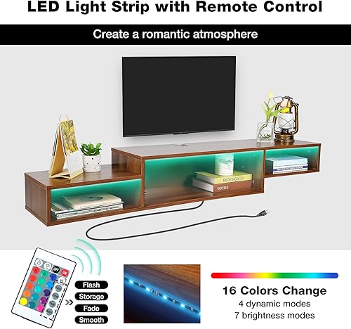 Miniatura 5 de ALAPUR Soporte flotante para TV con toma de corriente, centro de entretenimiento flotante de 59 pulgadas con LED marrón