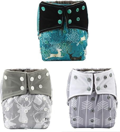 Pañales de tela de 3 AIll in One para noche, inserto cosido por AIO, reutilizable, lavable (paquete de ciervos)