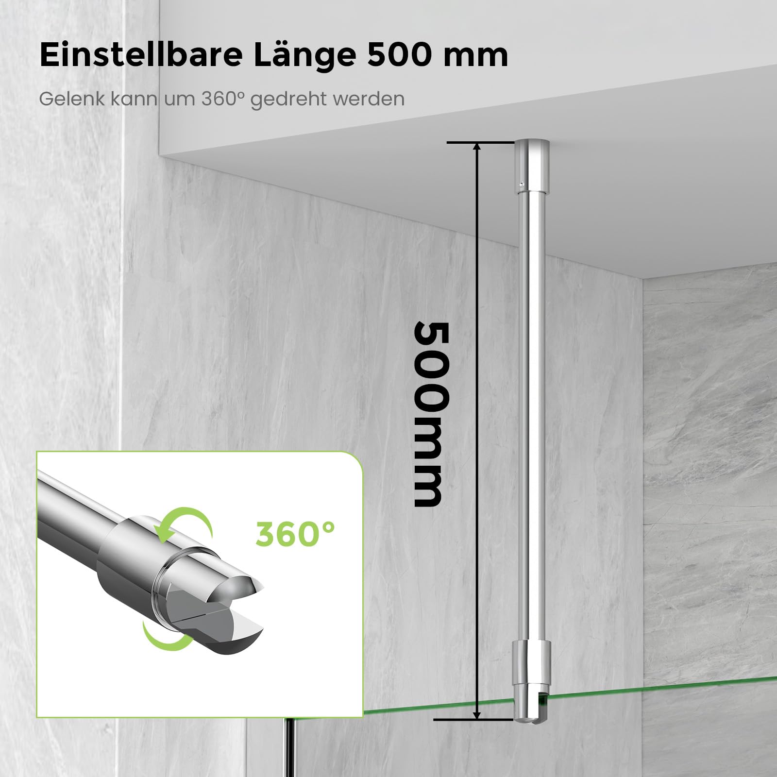 S'AFIELINA Barra de Soporte para Mampara de Ducha 50 cm, Soporte Techo a Cristal para Vidrio 6–10 mm, Barra Redonda de Acero Inoxidable, Articulación 360°, Walk-In, Cabina de Ducha, Cromo 2 ud