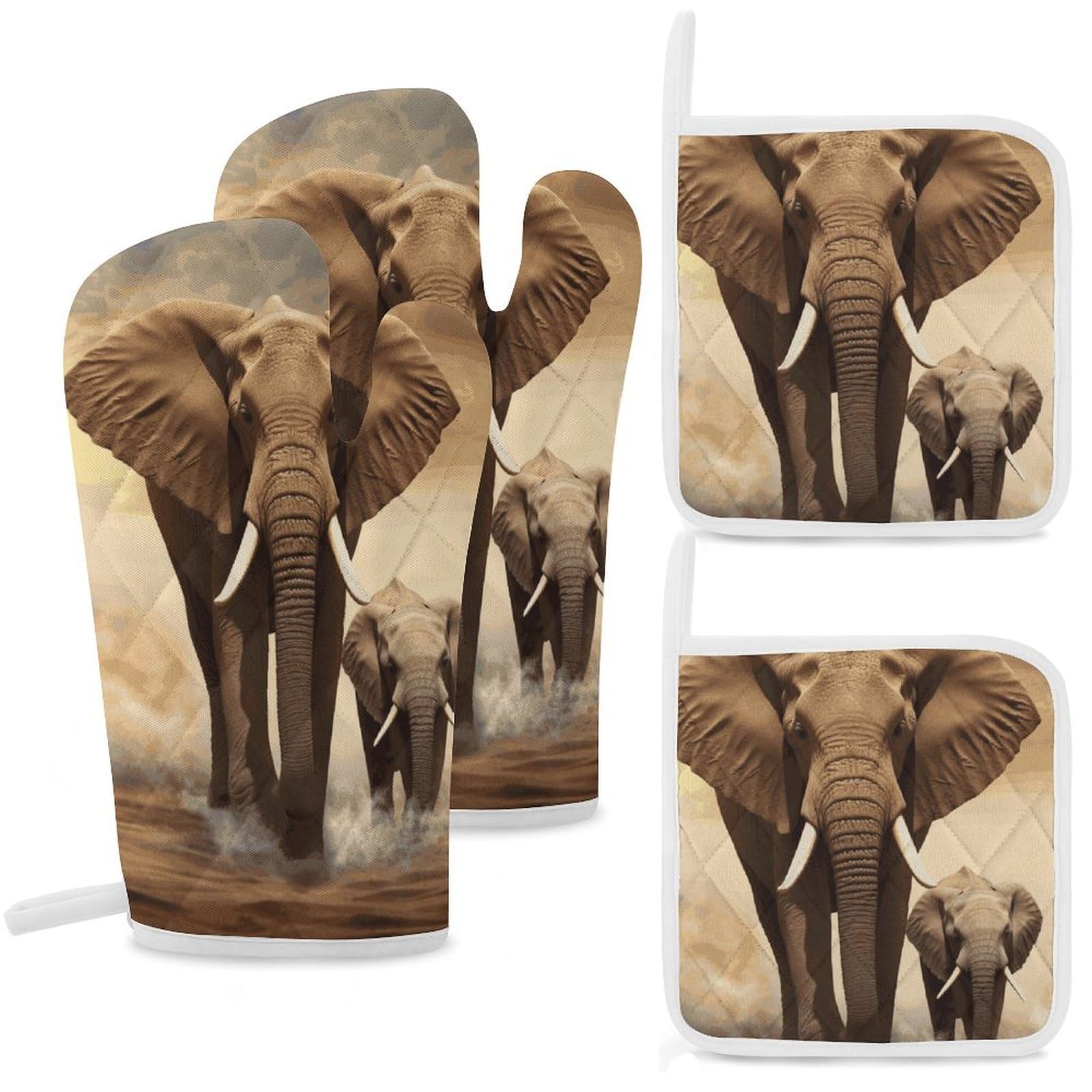 Elephant and Baby Elephant Oven Mitts and Pot Holders Sets Heat Resistant Oven Glove with Hanging Loop for Baking Cooking BBQ Thicken Potholders for Kitchen