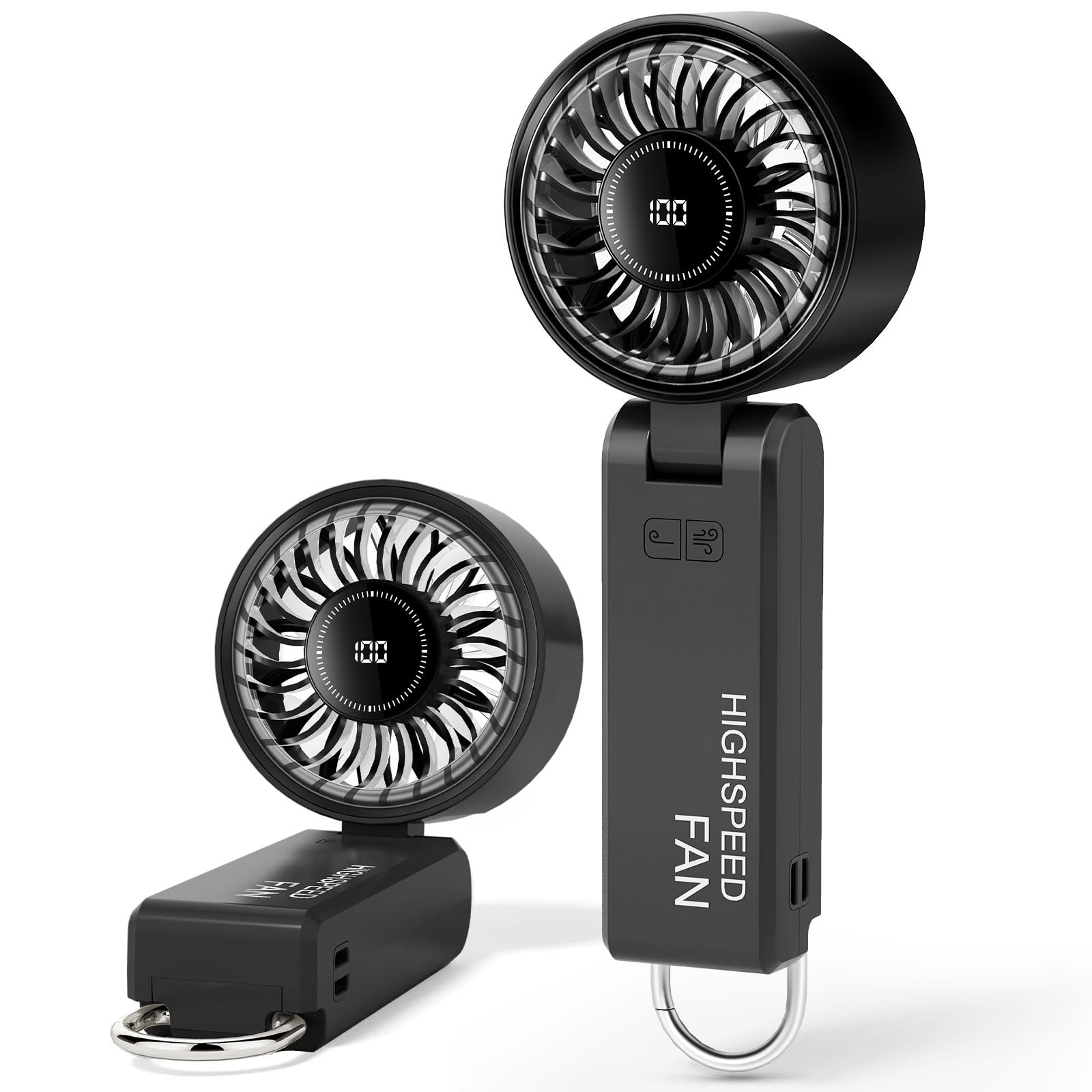 Handheld Fan Portable YATCO Powerful Fan USB Rechargeable with 6 Speeds, Battery Operated, Low Noise Mini Fan Foldable Desk Desktop Fans with LED Display for Home Office Bedroom Outdoor Travel (Black)