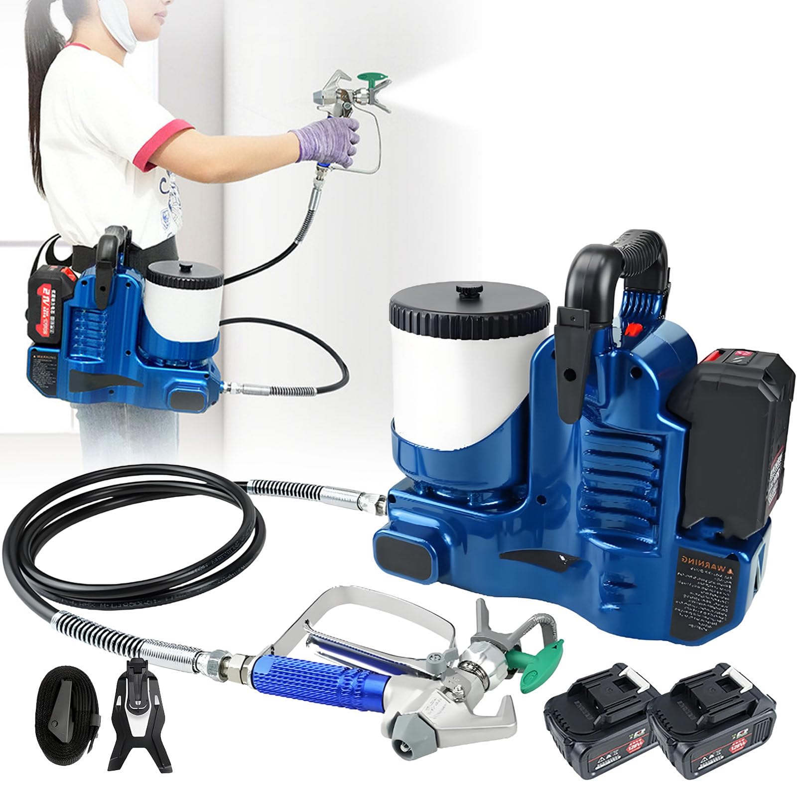 Wysokociśnieniowy Airless agregat malarski, bezprzewodowy 500 W, 1,1 l/min, 2 x baterie 21 V, regulacja 6 prędkości, zbiornik 1,2 l, maksymalne ciśnienie 15 MPa