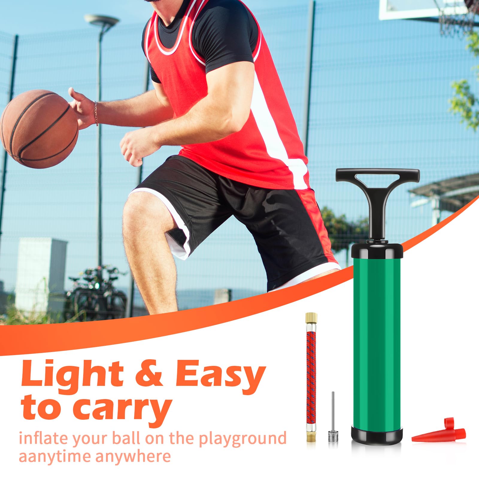 Chumia Ballpumpen, Luftpumpe, Großpackung für Bälle mit Nadel, Düse, Verlängerungsschlauch, Sportball, Werkzeug für Fußball, Basketball, Fußball, Volleyball, Orange, Grün, 8 Sets