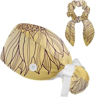 FVQL 2 Pieces Surgical Cap for Long Hair Scrub Cap with Hairband Nurse Cap, Vintage Hand Drawn Sunflower