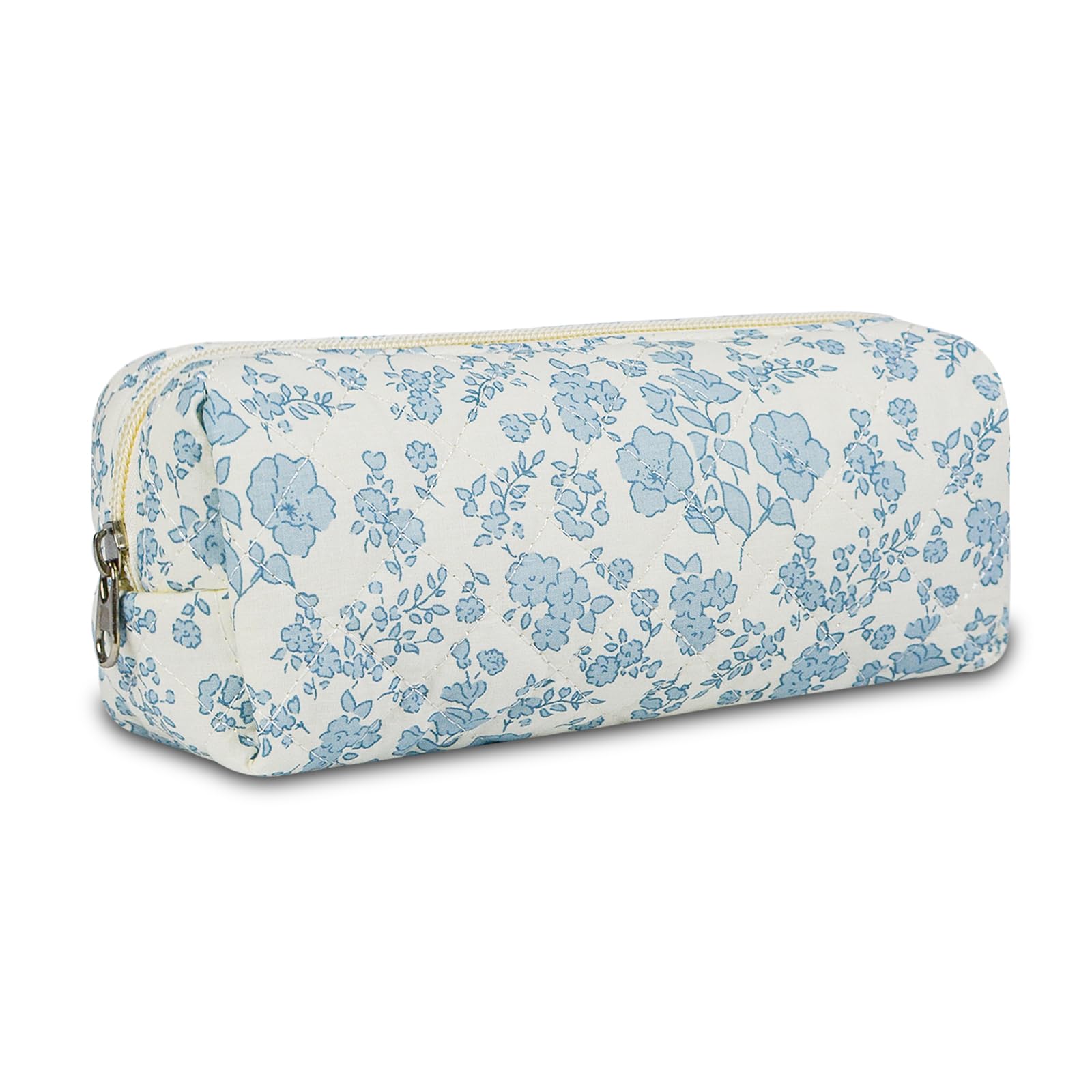 Quilted Makeup Brush Bag, Travel Cosmetic Organizer Pouch for Brushes & Essentials, Small Cotton Floral Makeup Bag for Women Girls Blue flowers