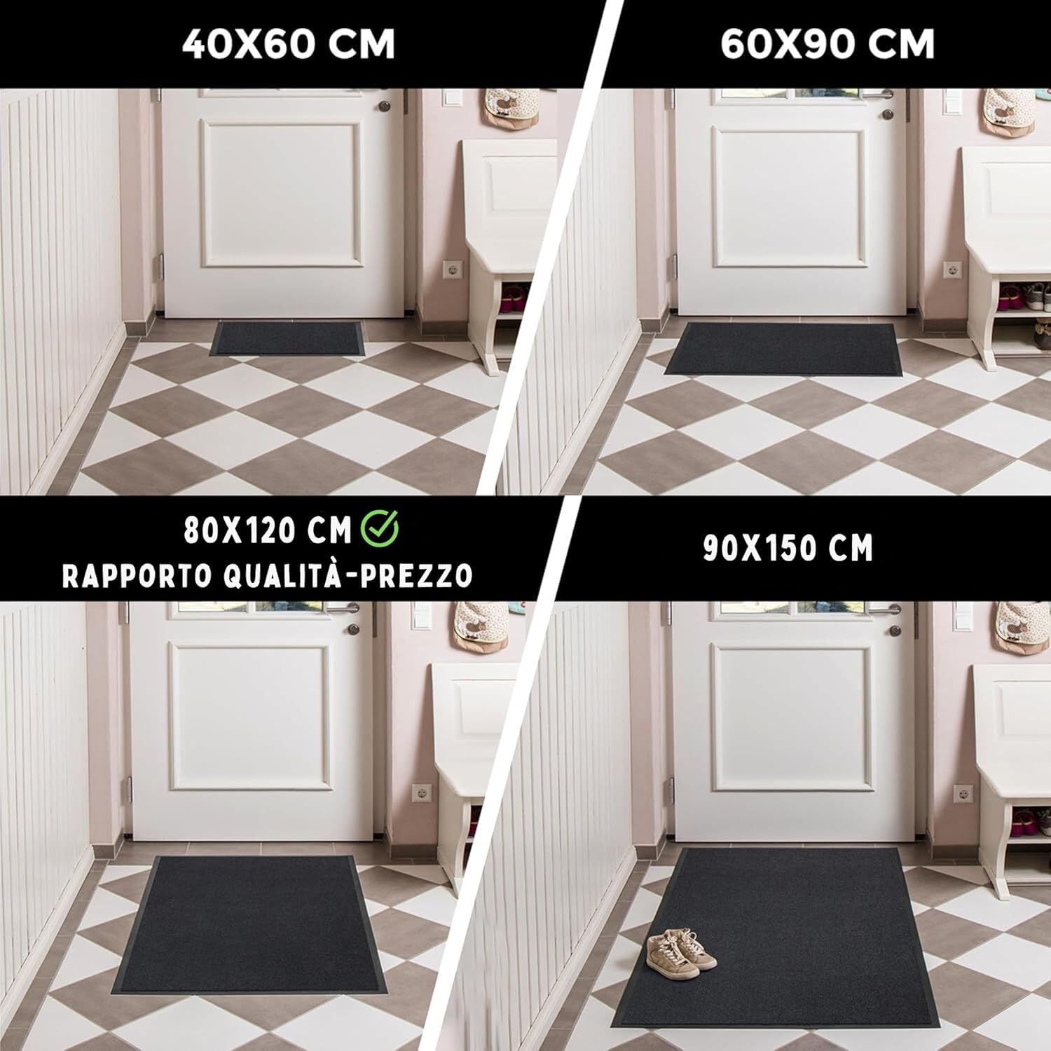 Carpet Diem Zerbino 40 x 60 cm - Tappeto ingresso antisporco - Interno ed Zerbino da Esterno, Tappetino antiscivolo per Porta, Tappeto antisporco per Porta d Ingresso - Nero-antracite