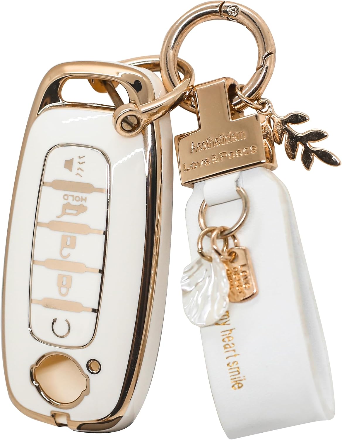 For Nissan Rogue Key Fob Cover 2026, 5 Button Key Shell for Maxima Pathfinder Kicks 2025, Golden Key Case with Leather Keychain 2024, Car Accessories Bling(RC5B White)