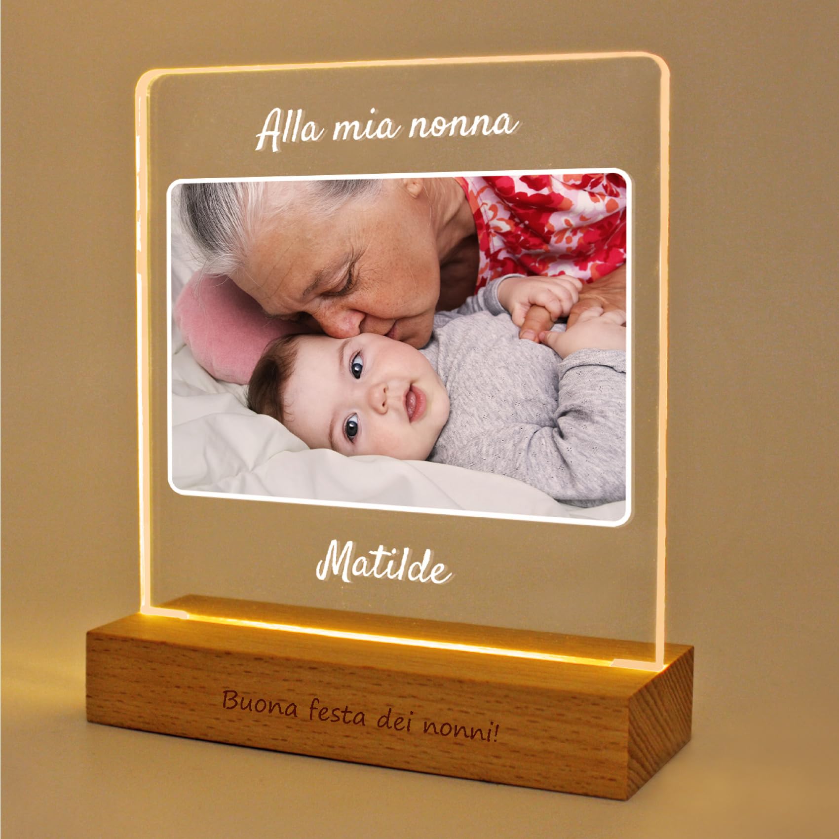 LASERO' Lampada Nonni Personalizzata - Stampa UV su Plexiglass con Base in Legno | Cornice Led Personalizzata Regalo Festa dei Nonni, Idea Regalo Nonna e Nonno Compleanno Personalizzato