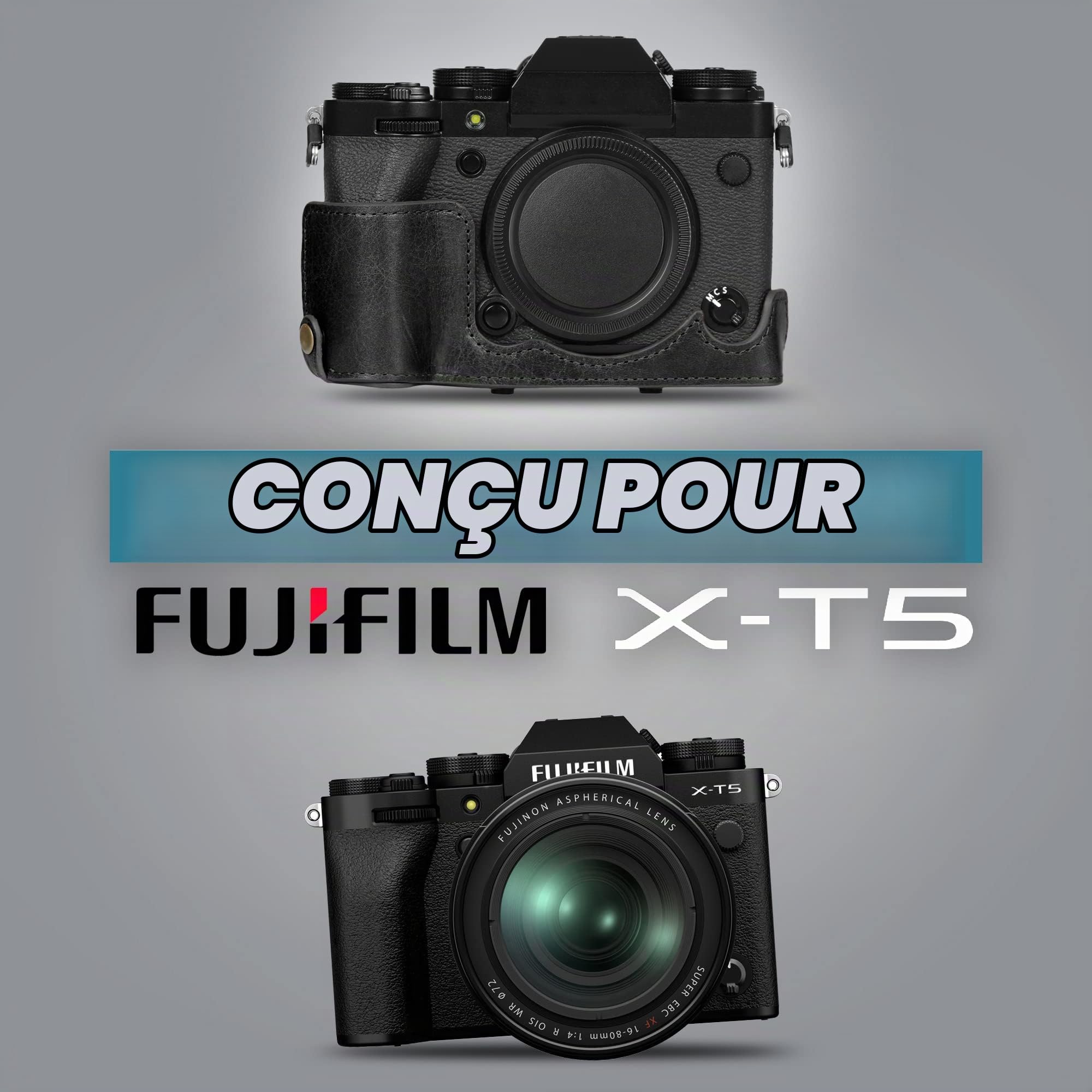 MegaGear Ever Ready Genuine Leather Camera Case Compatible with Fujifilm X-T5 (16-80mm)(Noir)