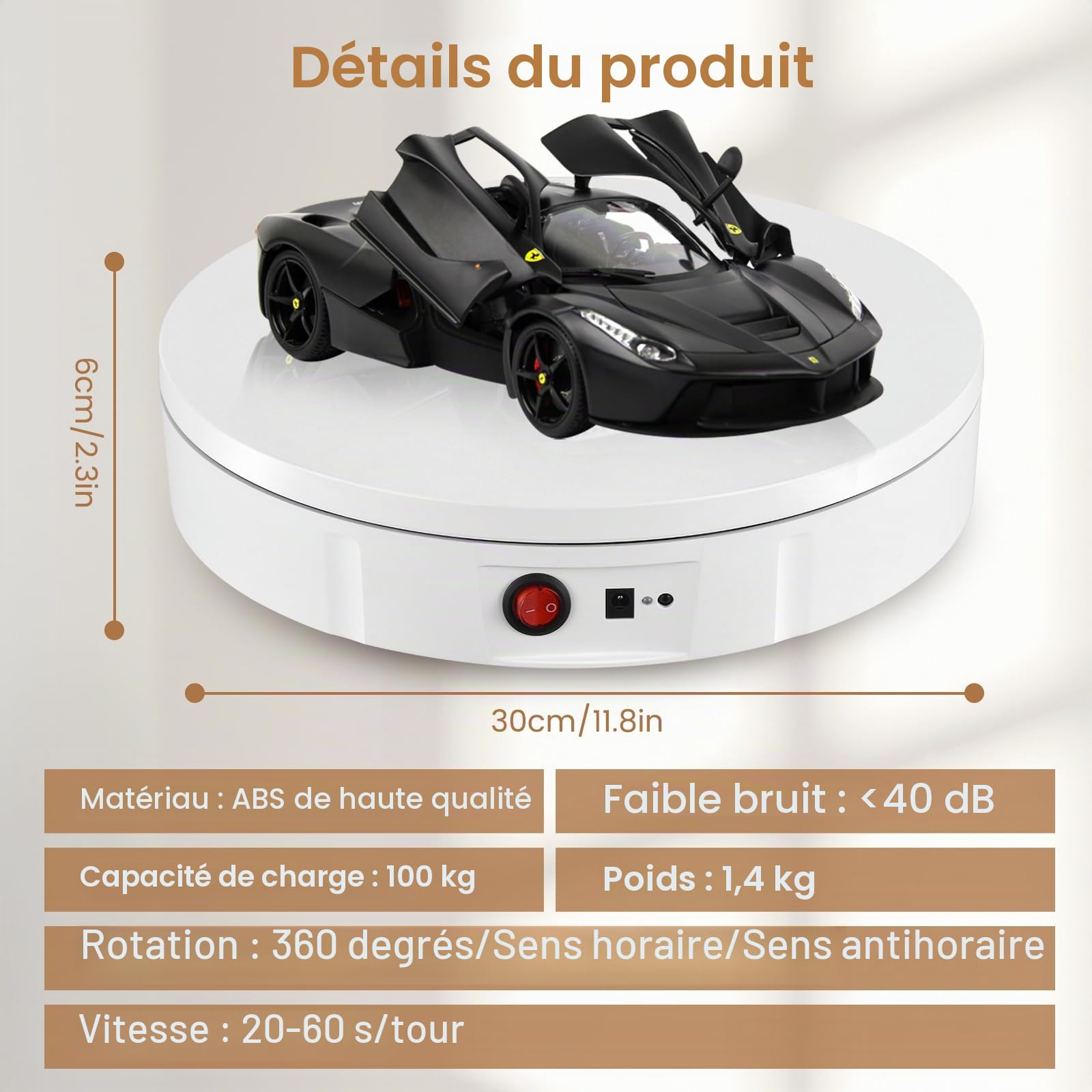 Plateau Tournant Electrique, 30CM 100KG Rechargeable Plateau Tournant, Direction et Vitesse Réglables à 360° Présentoir Rotatif pour Photo pour Prendre Photos, Vidéos (Blanc)