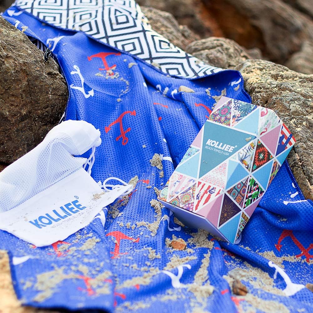 KOLLIEE Sand Free Beach Towels Portable Colorful Compact Beach Towels Absorbent Pool Towels Sand Proof Beach Towels for Adults Girls Women Kids 31x63 inch (Blue Anchor)